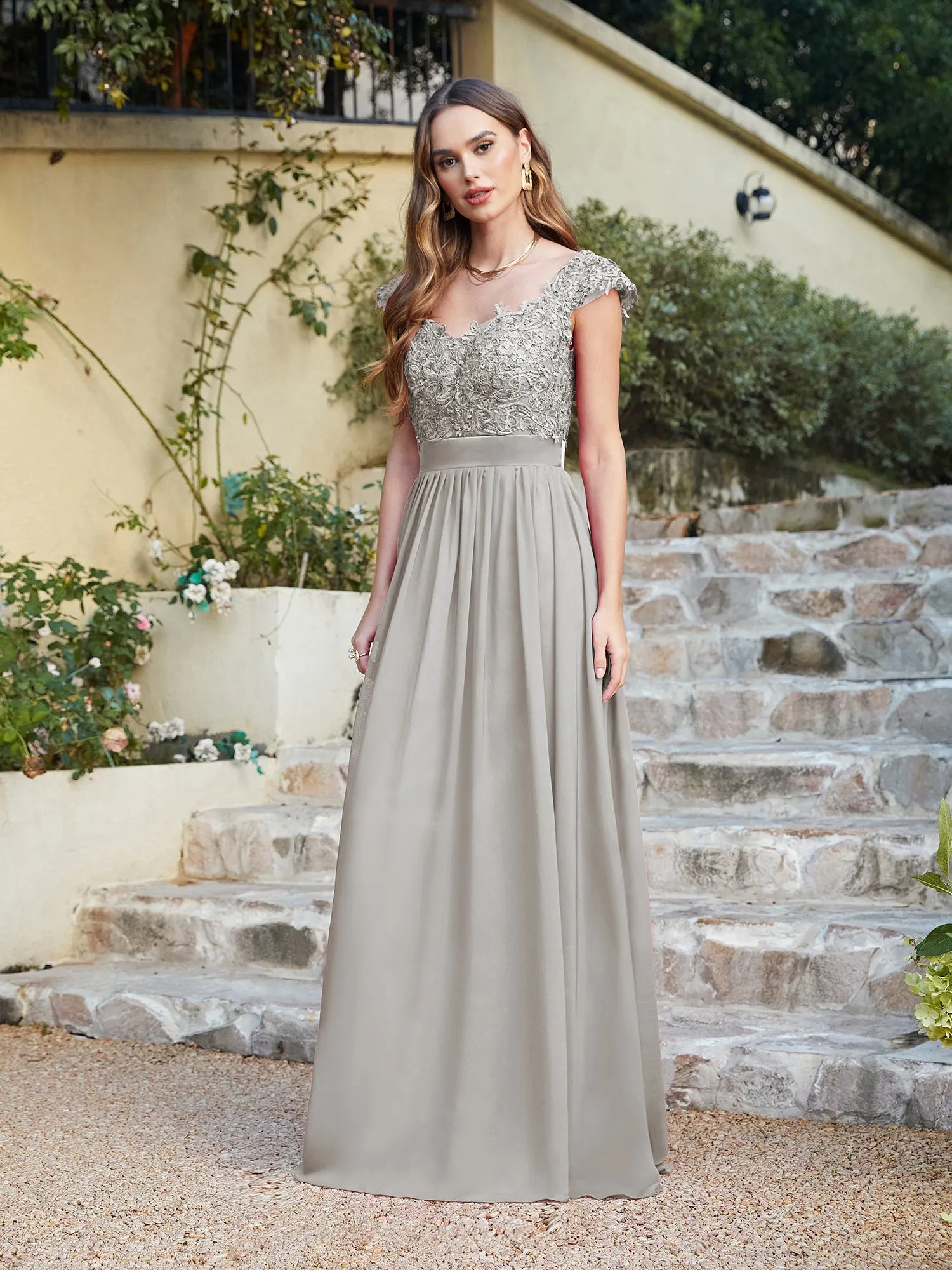 Elegant Long A line Scoop Neck Chiffon Floor Length Dress Lace Bridesmaid Dress