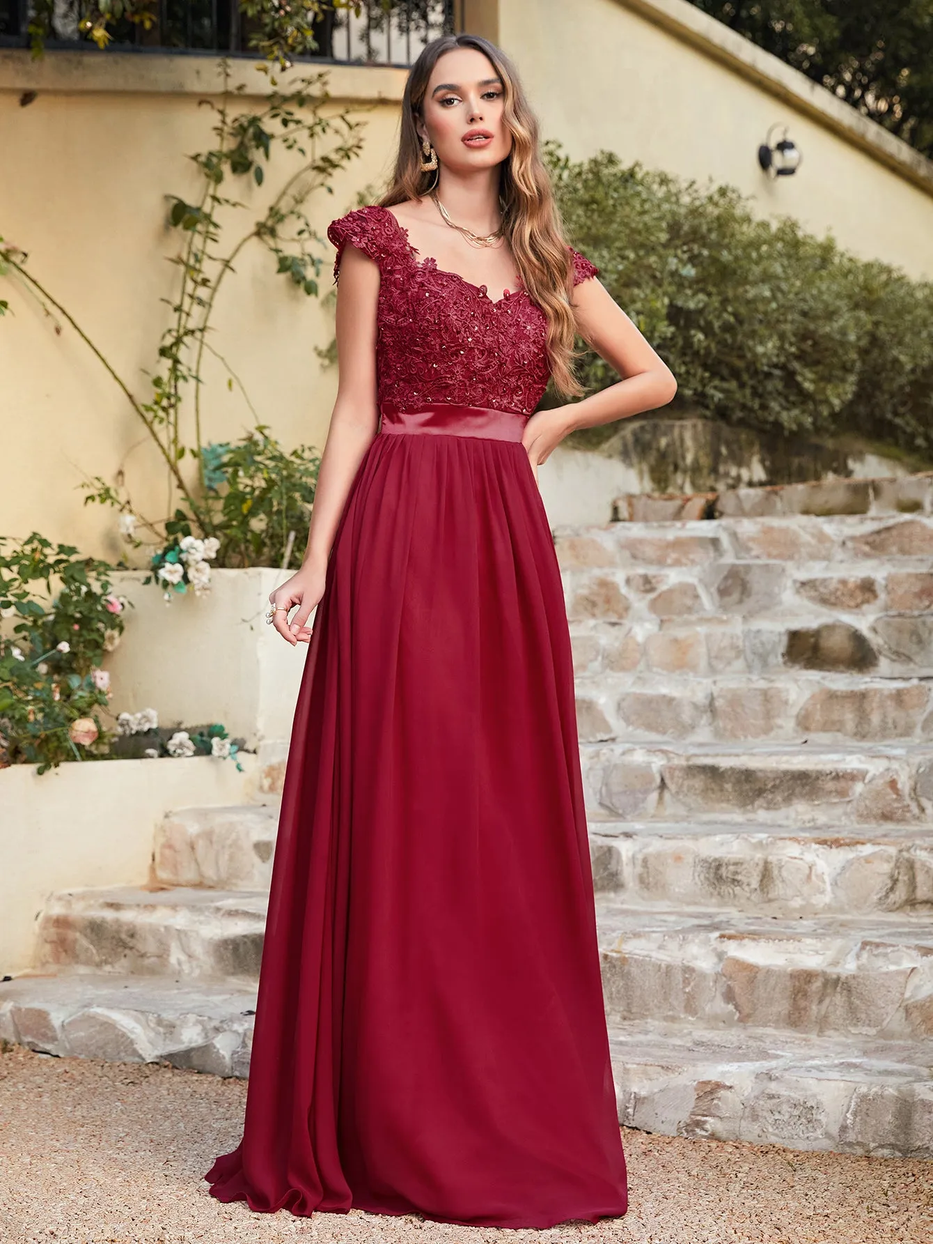 Elegant Long A line Scoop Neck Chiffon Floor Length Dress Lace Bridesmaid Dress