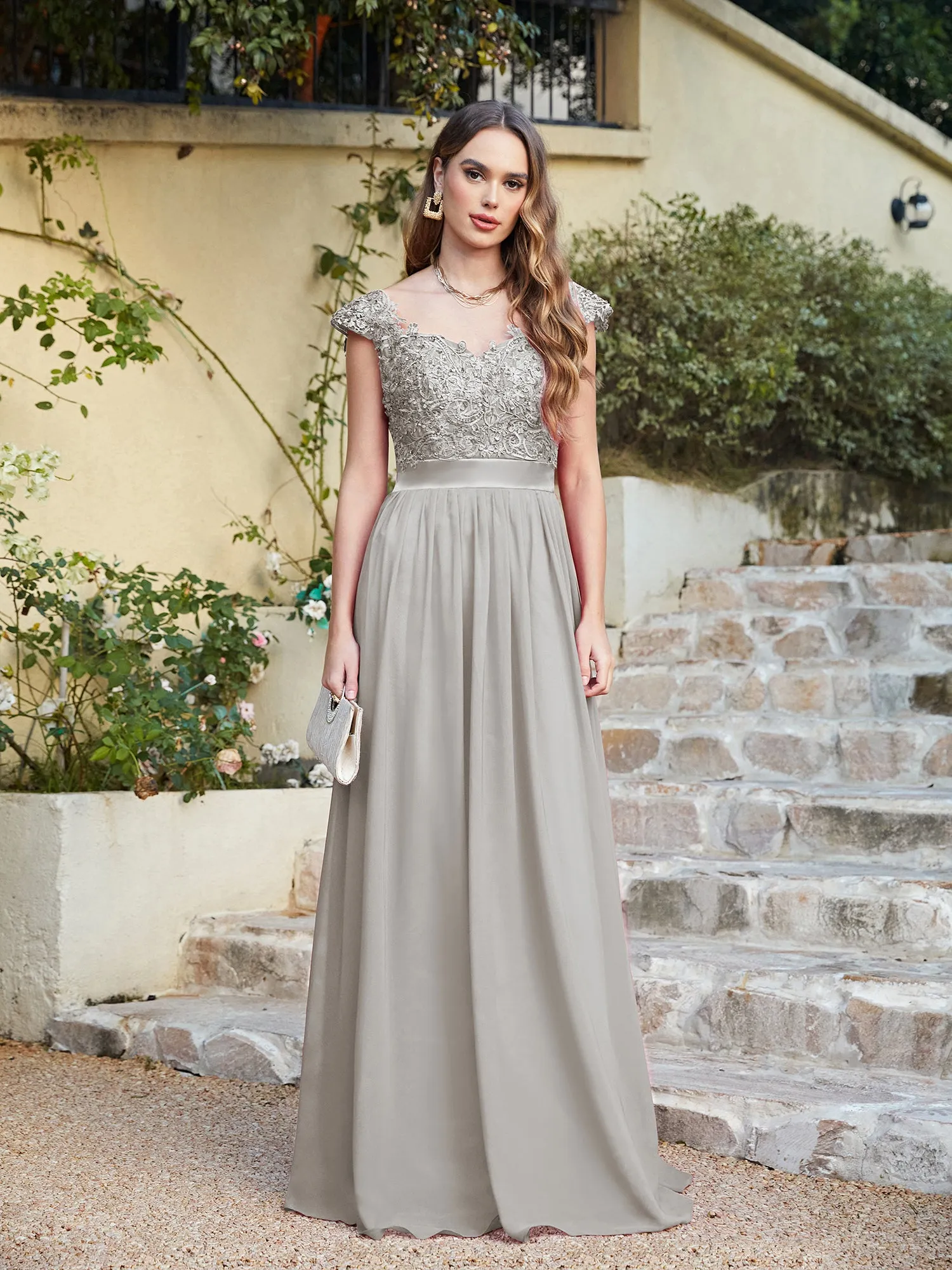 Elegant Long A line Scoop Neck Chiffon Floor Length Dress Lace Bridesmaid Dress