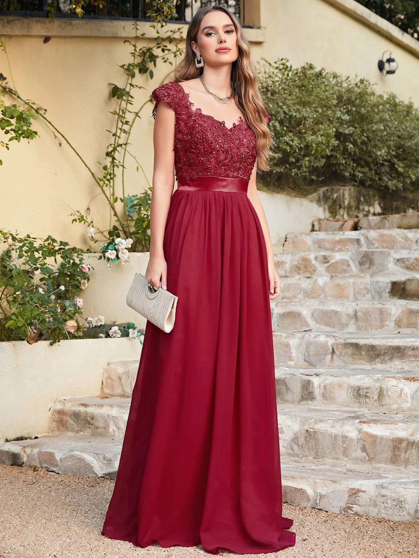 Elegant Long A line Scoop Neck Chiffon Floor Length Dress Lace Bridesmaid Dress