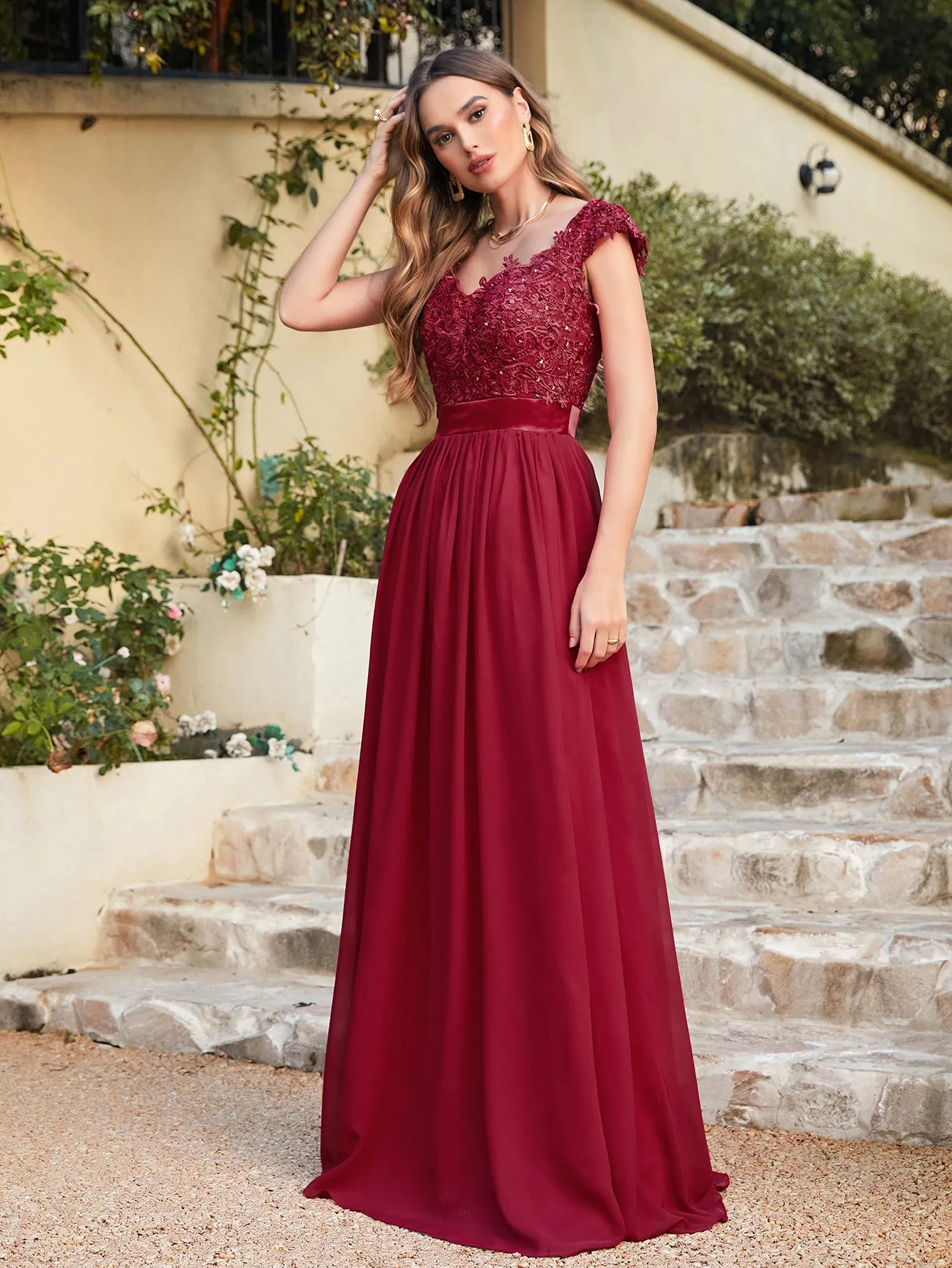 Elegant Long A line Scoop Neck Chiffon Floor Length Dress Lace Bridesmaid Dress