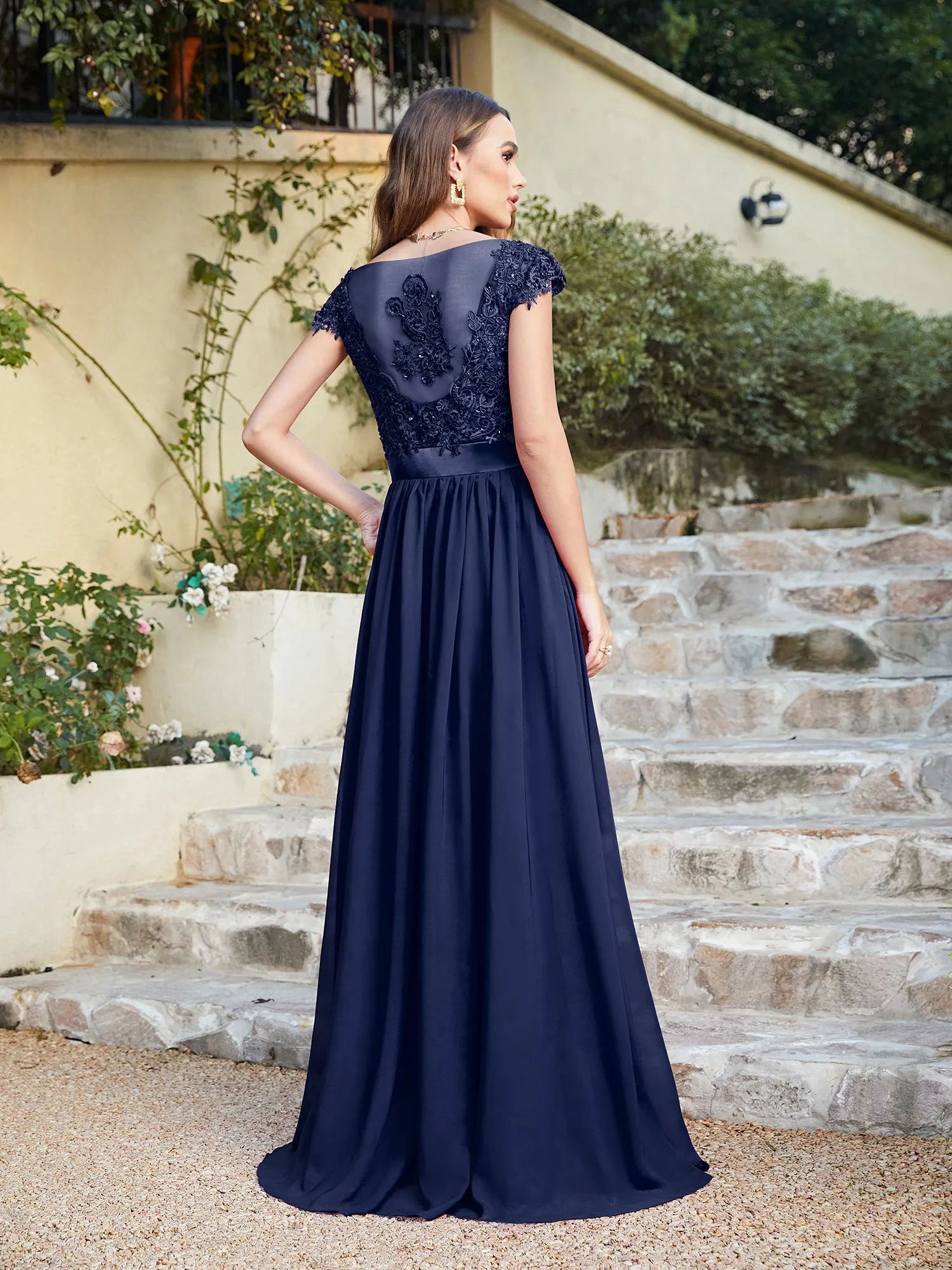 Elegant Long A line Scoop Neck Chiffon Floor Length Dress Lace Bridesmaid Dress