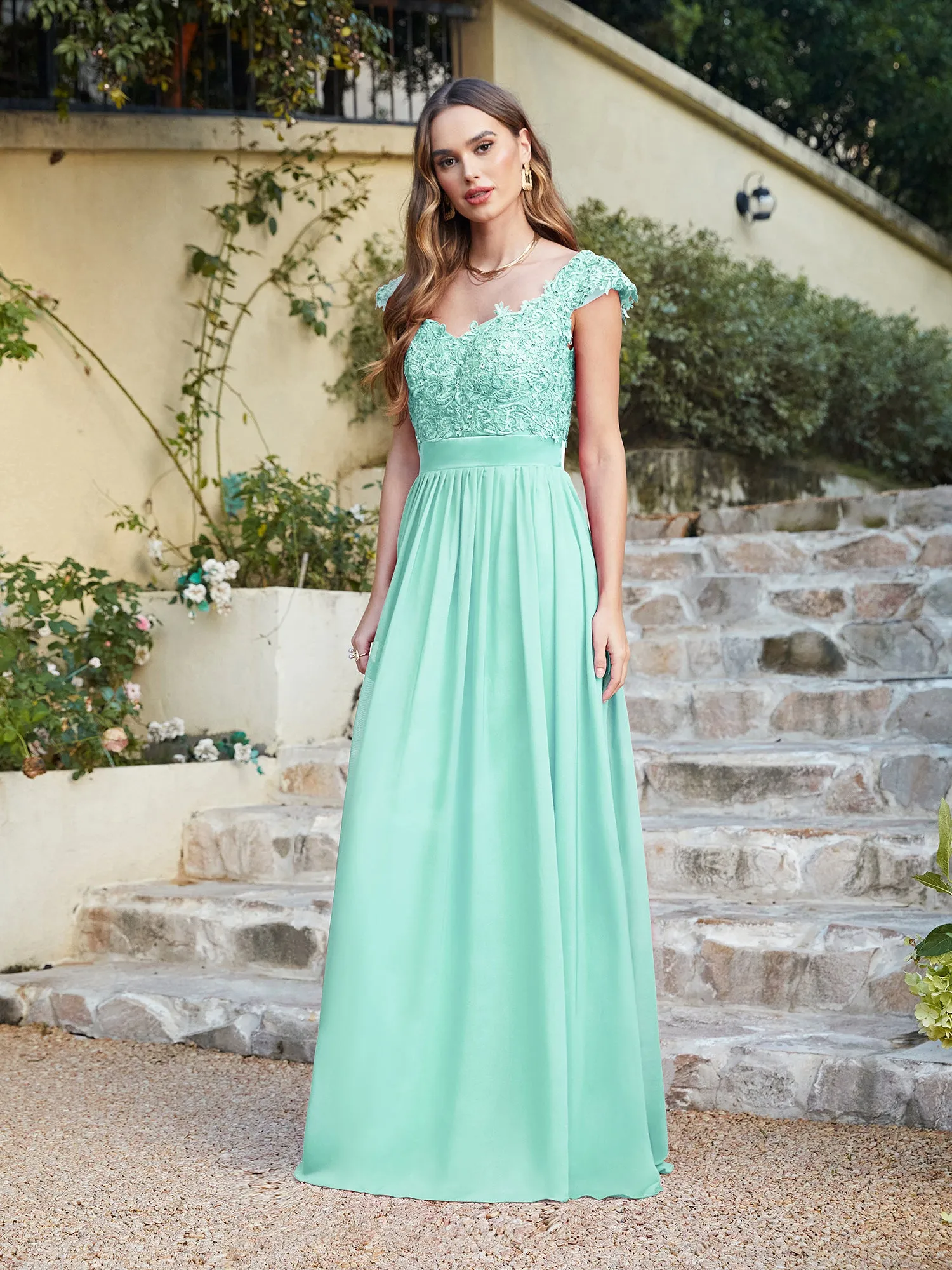 Elegant Long A line Scoop Neck Chiffon Floor Length Dress Lace Bridesmaid Dress