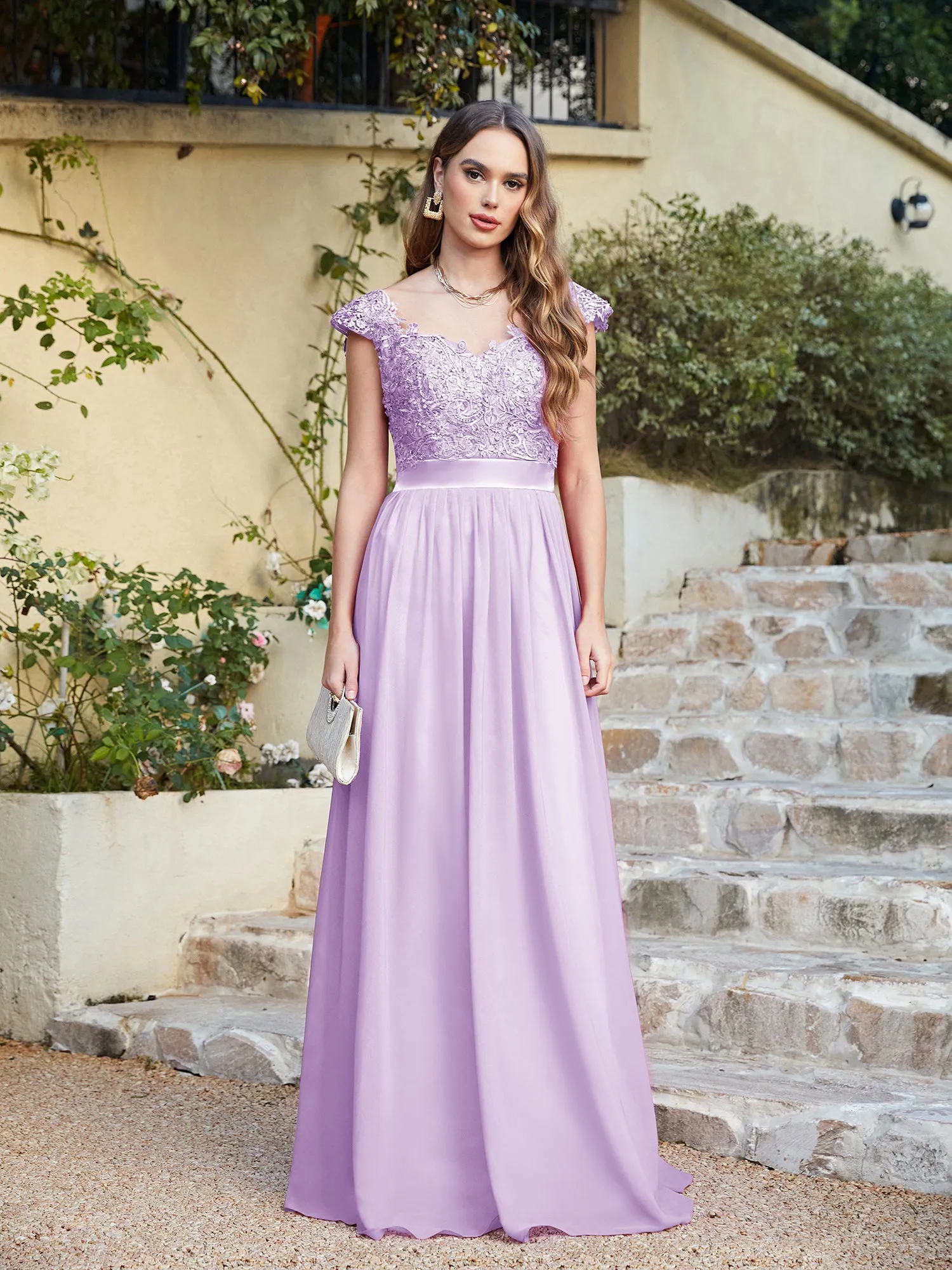 Elegant Long A line Scoop Neck Chiffon Floor Length Dress Lace Bridesmaid Dress