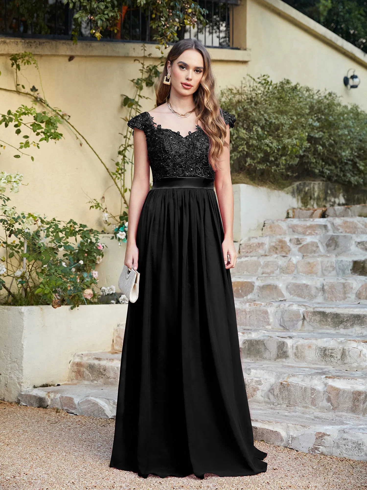 Elegant Long A line Scoop Neck Chiffon Floor Length Dress Lace Bridesmaid Dress