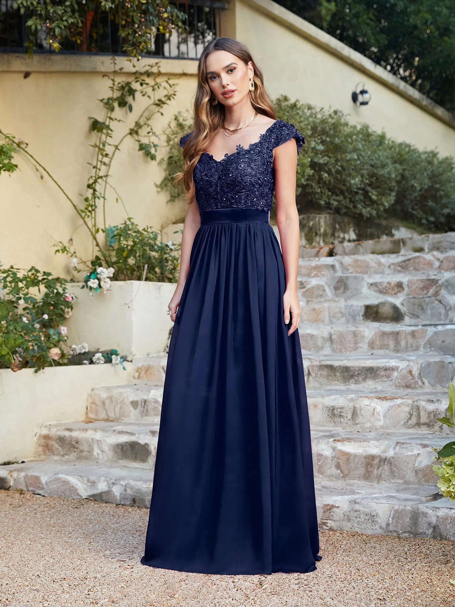 Elegant Long A line Scoop Neck Chiffon Floor Length Dress Lace Bridesmaid Dress