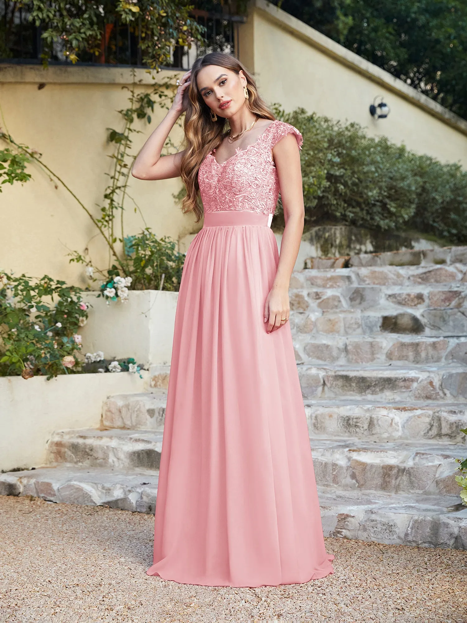 Elegant Long A line Scoop Neck Chiffon Floor Length Dress Lace Bridesmaid Dress