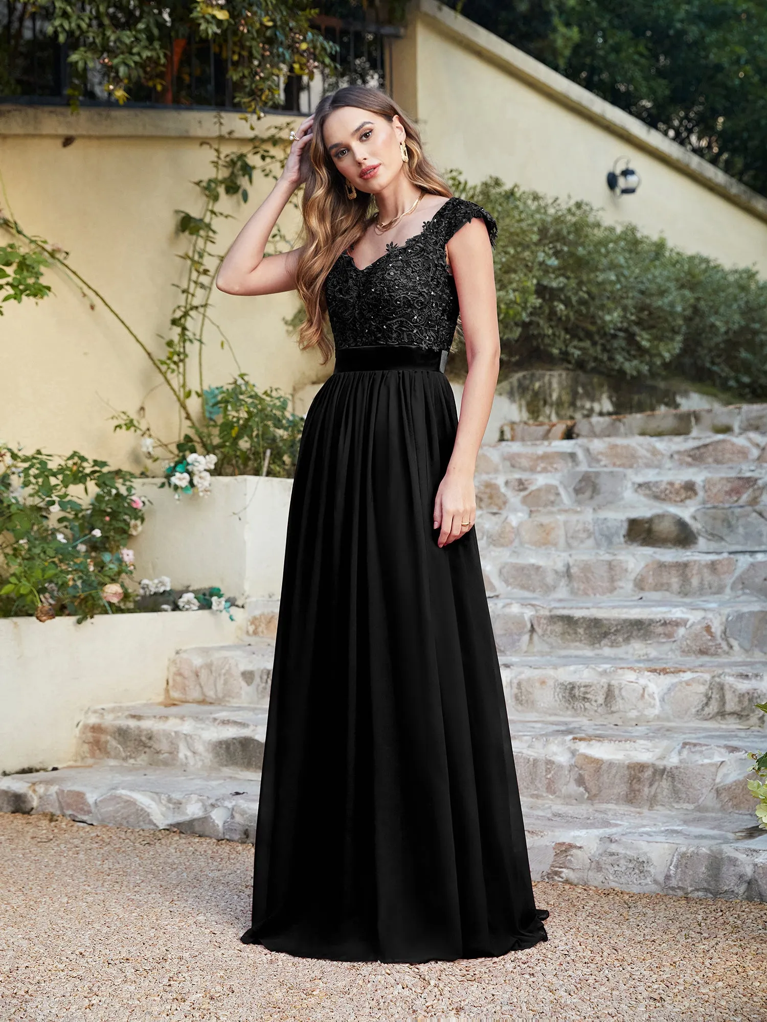 Elegant Long A line Scoop Neck Chiffon Floor Length Dress Lace Bridesmaid Dress