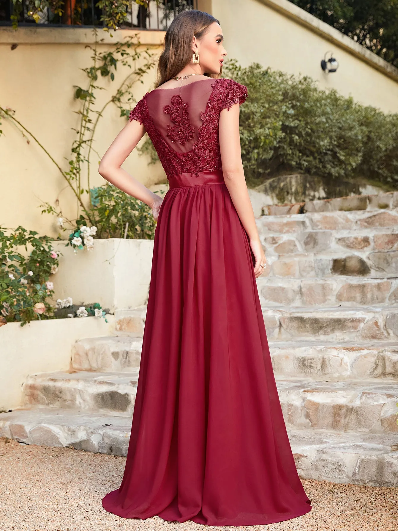 Elegant Long A line Scoop Neck Chiffon Floor Length Dress Lace Bridesmaid Dress