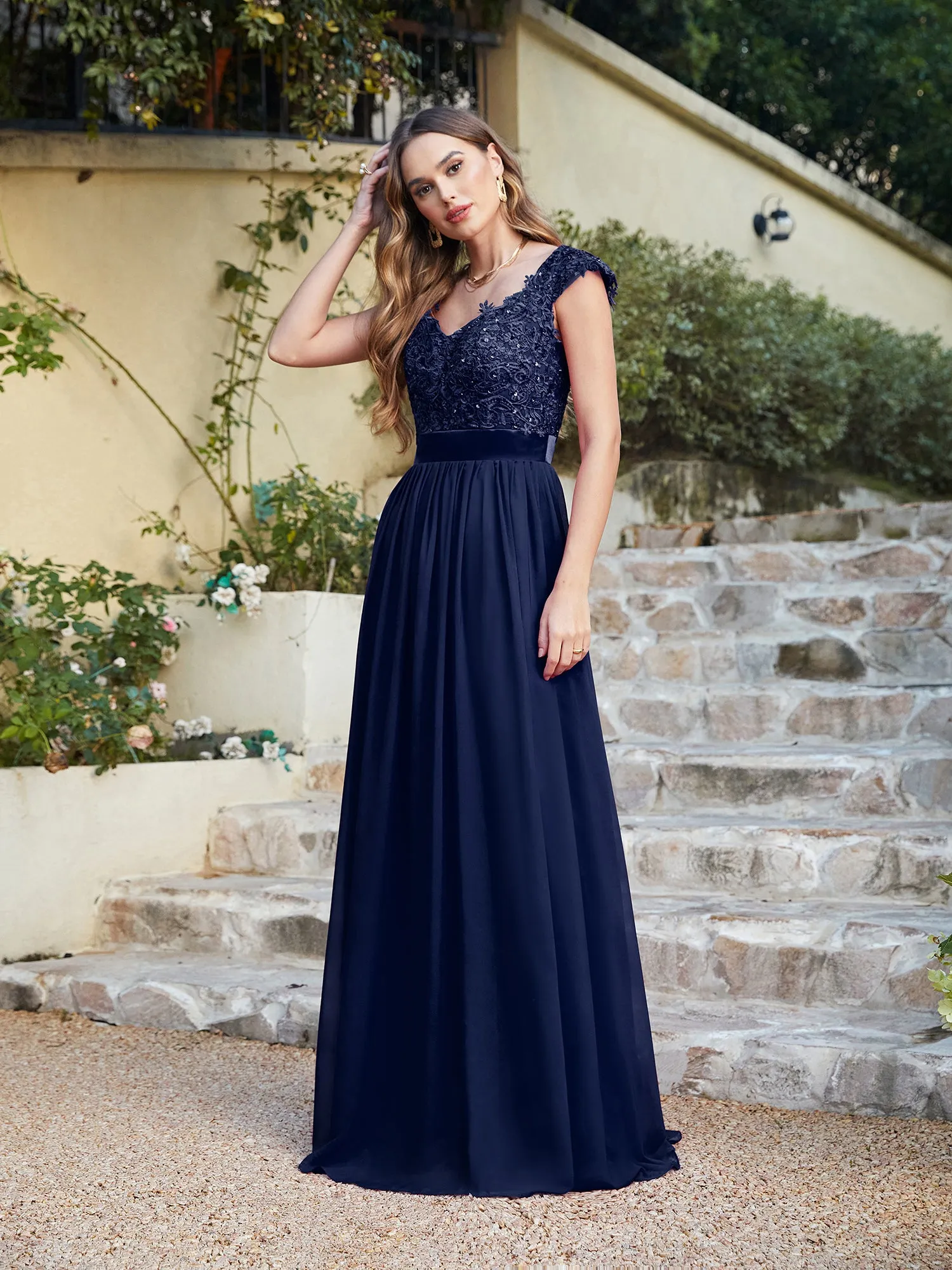 Elegant Long A line Scoop Neck Chiffon Floor Length Dress Lace Bridesmaid Dress