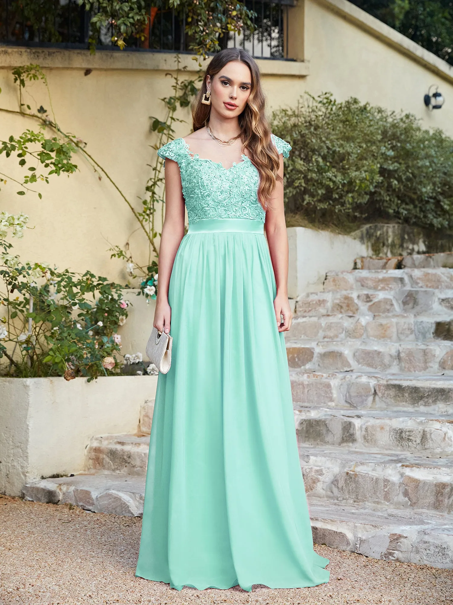 Elegant Long A line Scoop Neck Chiffon Floor Length Dress Lace Bridesmaid Dress