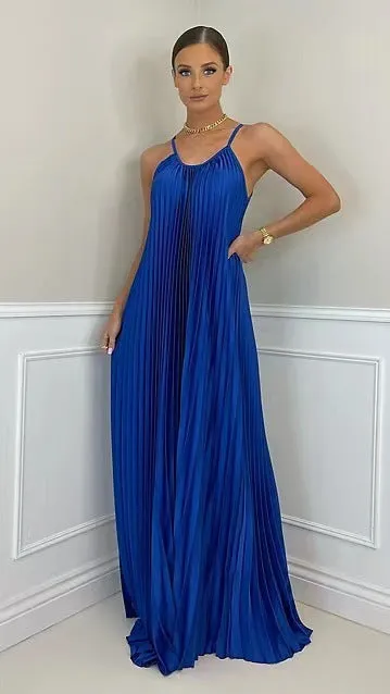 Elegant pleated long halter neck dress