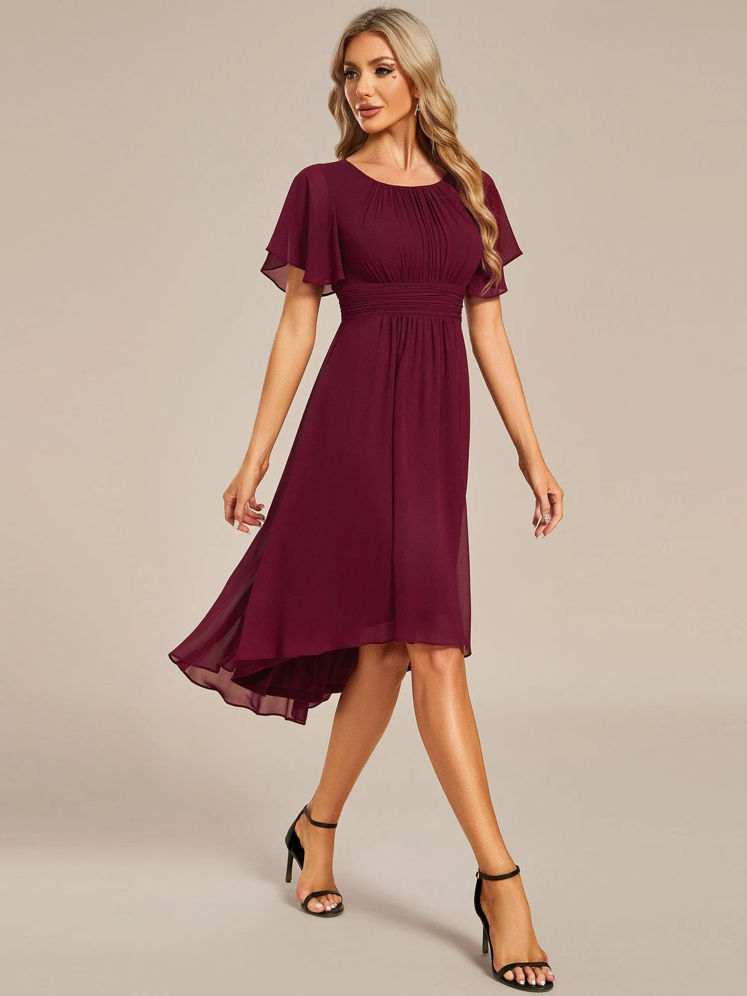 Flowy Chiffon Round Neckline A-Line Knee Length Wedding Guest Dress