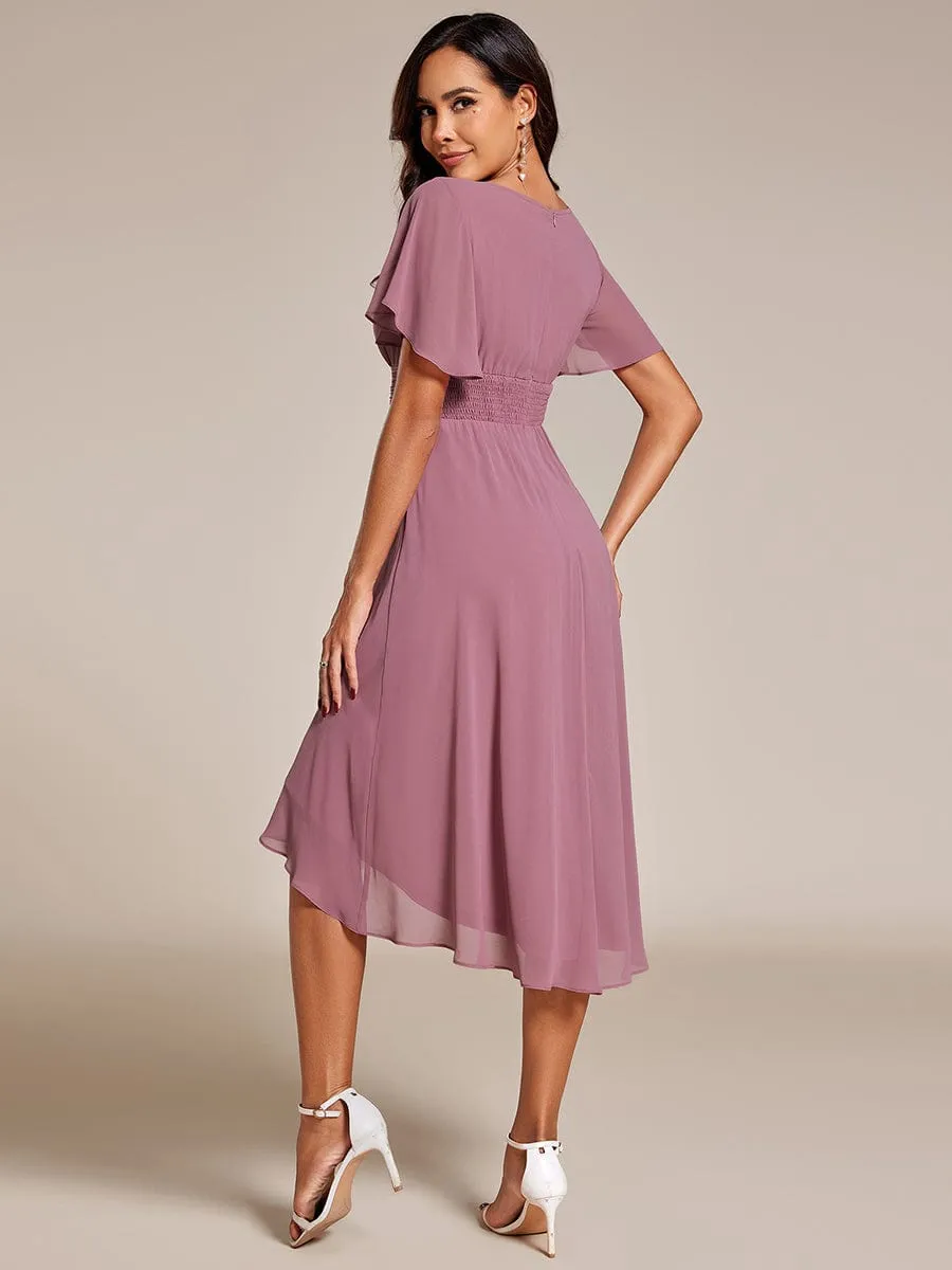 Flowy Chiffon Round Neckline A-Line Knee Length Wedding Guest Dress