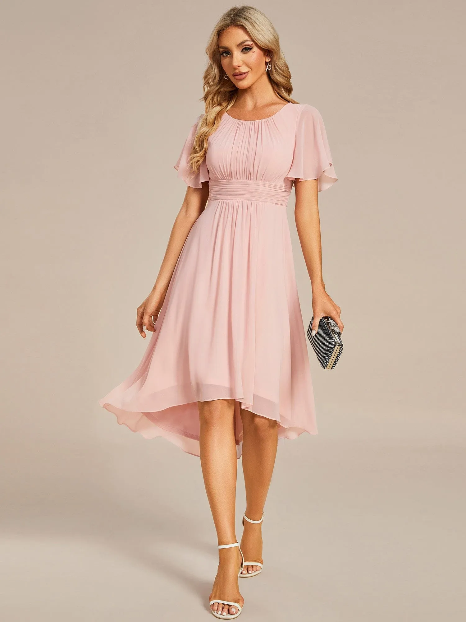 Flowy Chiffon Round Neckline A-Line Knee Length Wedding Guest Dress