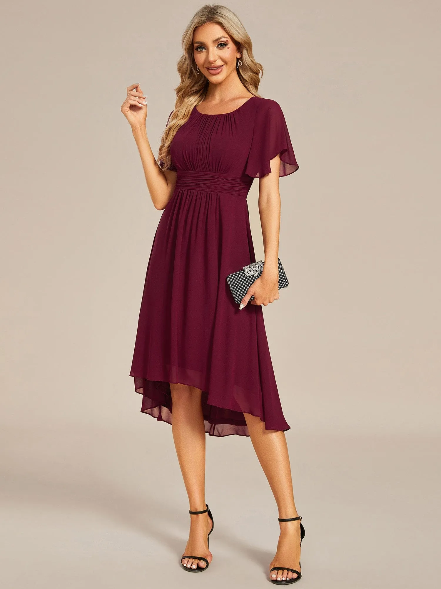 Flowy Chiffon Round Neckline A-Line Knee Length Wedding Guest Dress