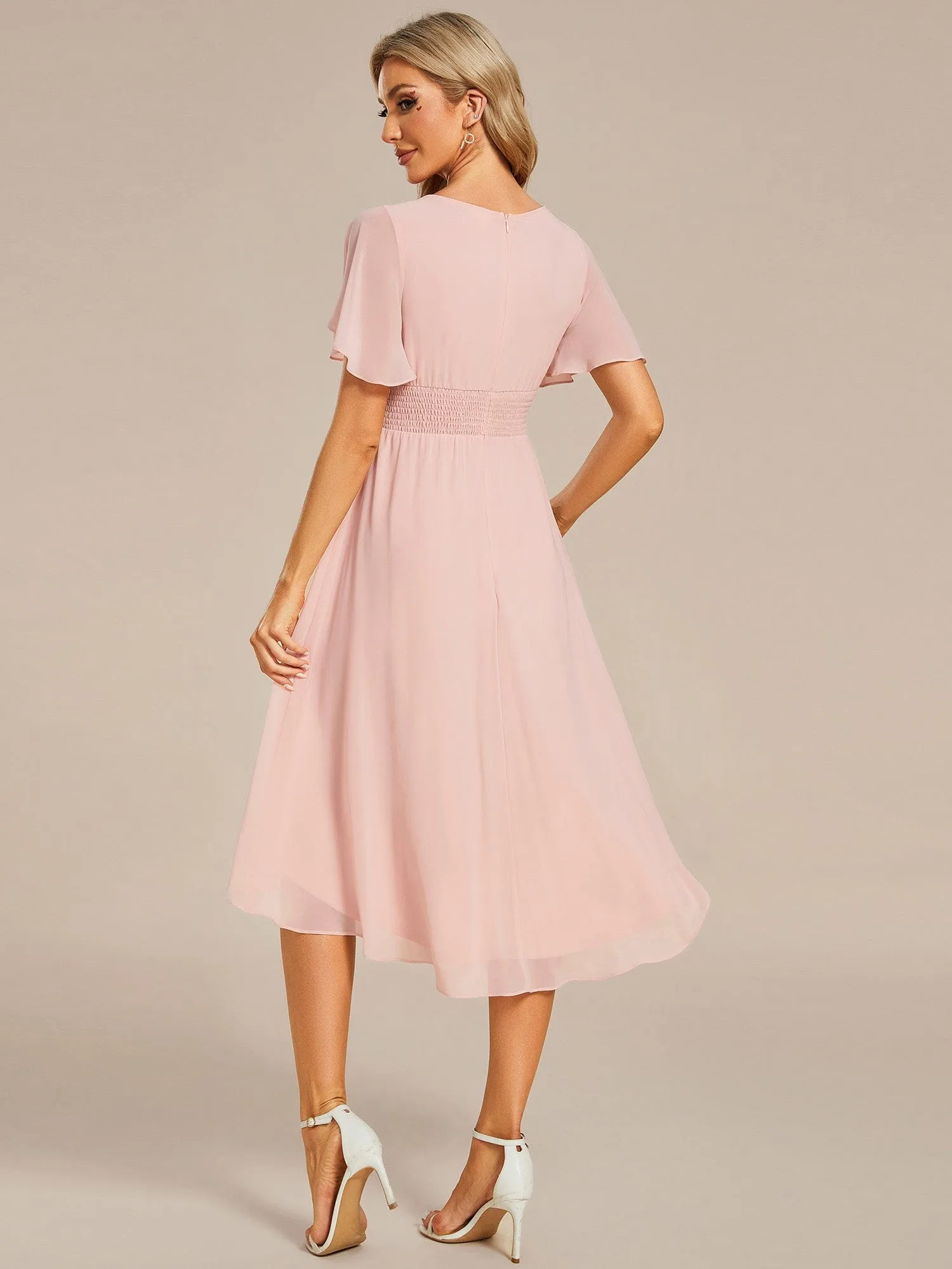 Flowy Chiffon Round Neckline A-Line Knee Length Wedding Guest Dress