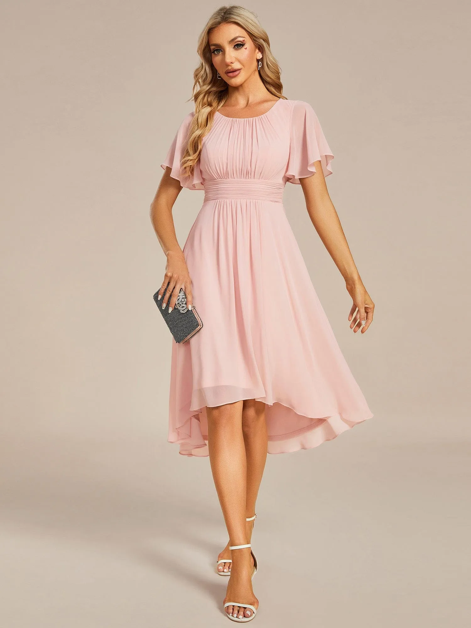 Flowy Chiffon Round Neckline A-Line Knee Length Wedding Guest Dress