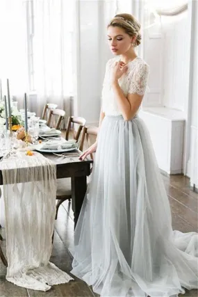 Flowy Ivory And Gray Long Lace Tulle Prom Dress