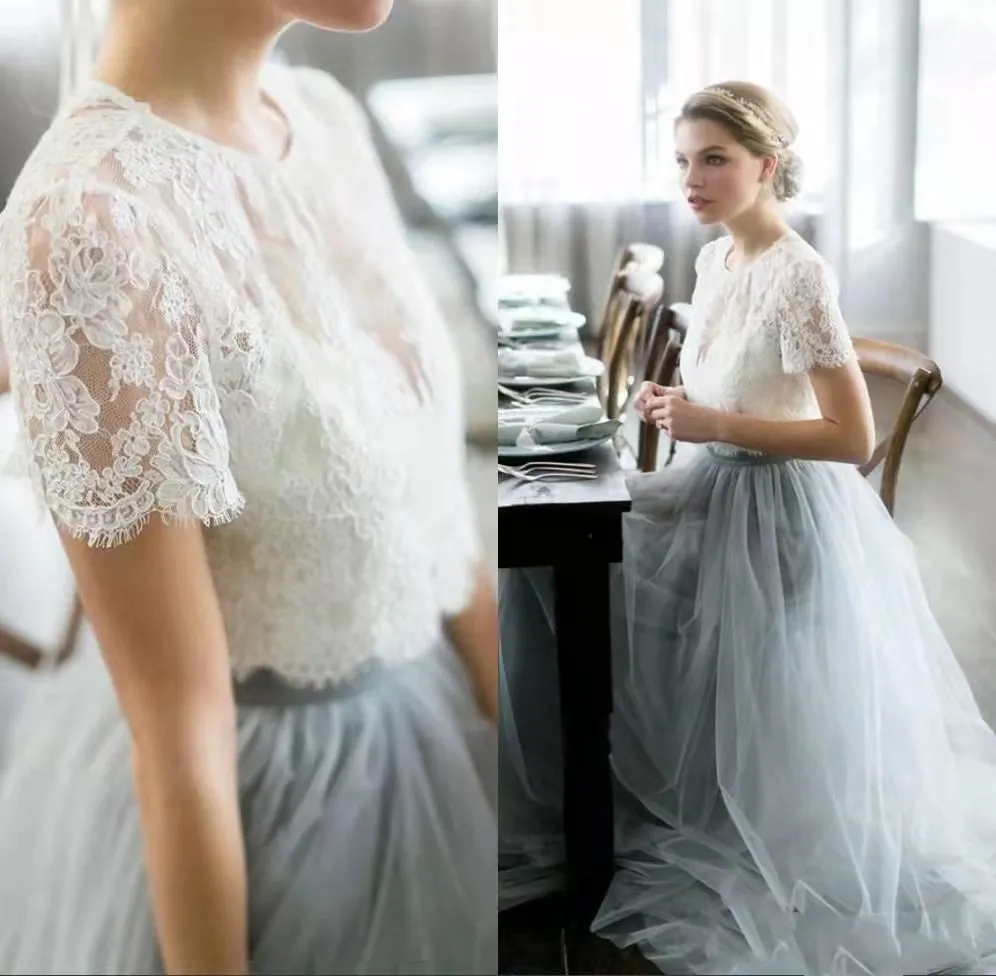 Flowy Ivory And Gray Long Lace Tulle Prom Dress