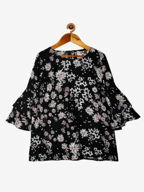 Girls Printed Rayon Top with Bell Frill Sleeves