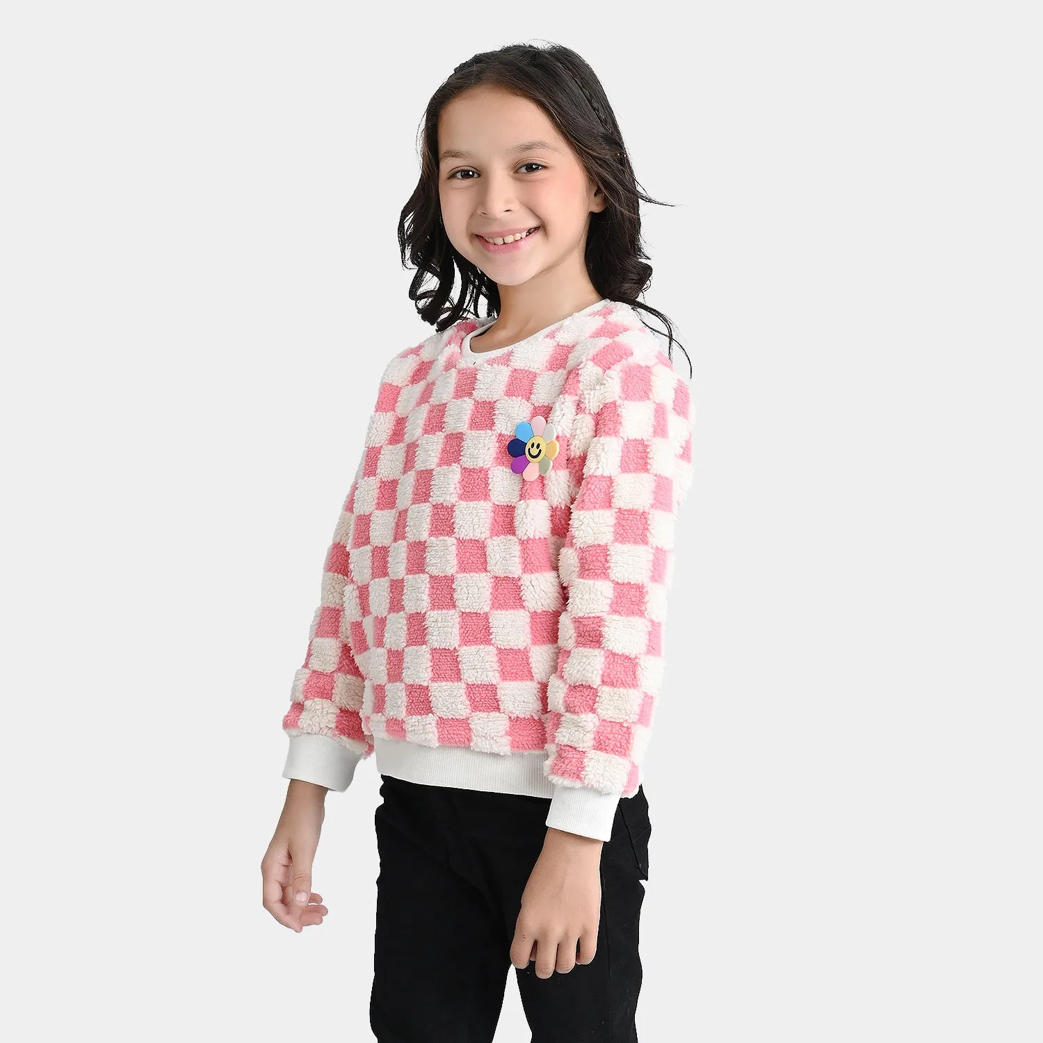 Girls Sherpa SweatShirt Pink Check-Pink