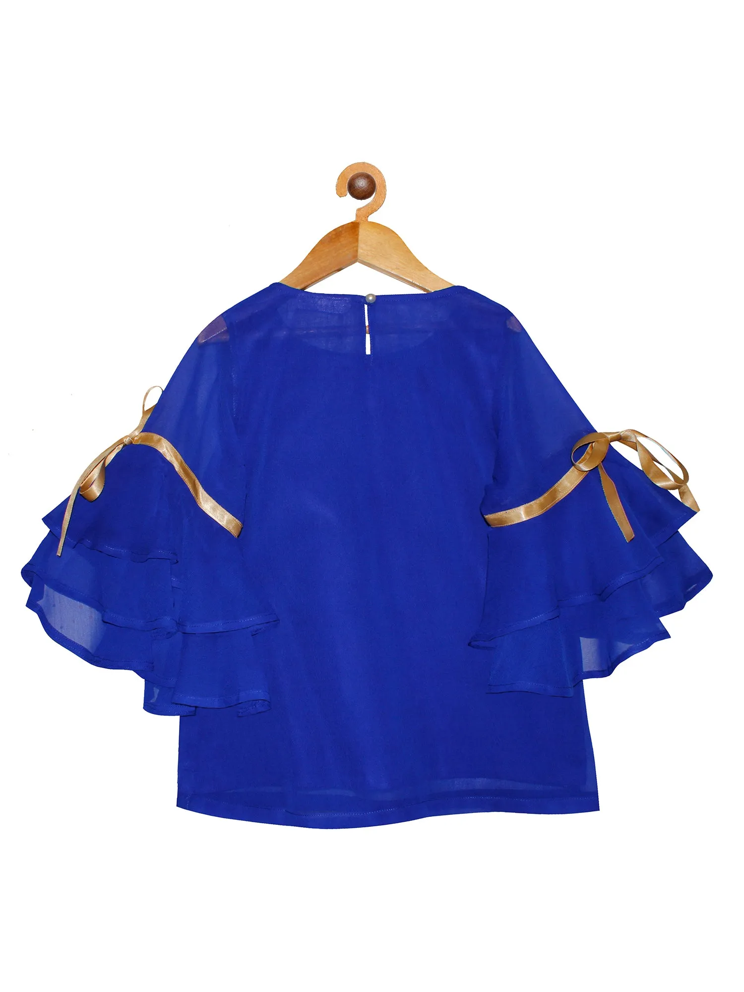 Girls Solid Georgette Top with Cotton Lining and Bell Frill Sleeves