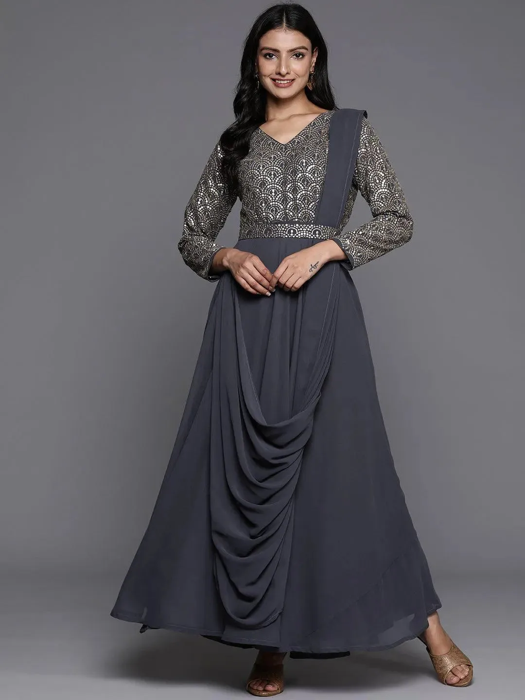 Grey Embroidered Georgette Gown Dress