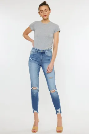 High Rise Fray Hem Ankle Skinny Jeans