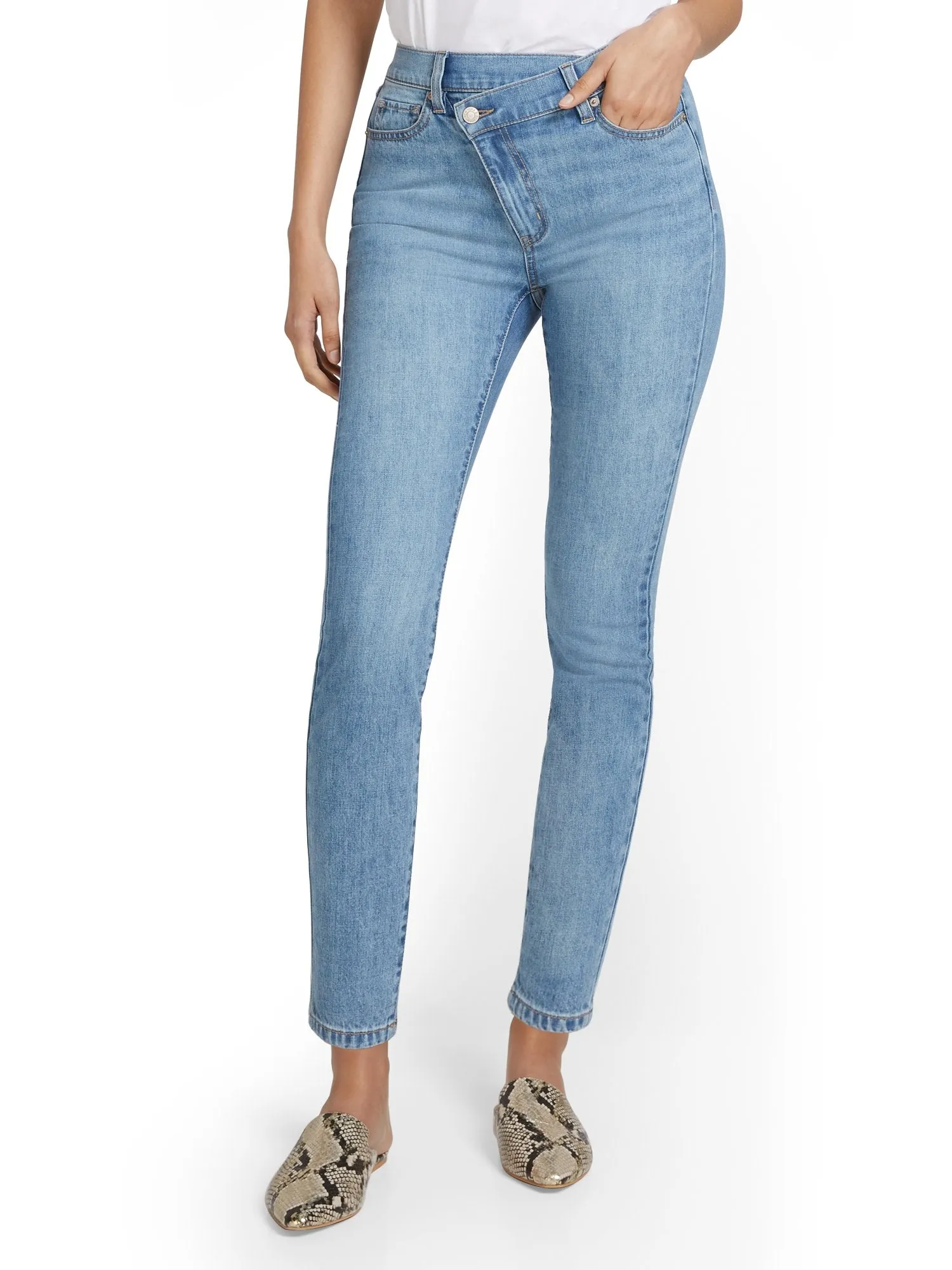 High-Waisted Overlap Detail Super-Skinny Ankle Jeans