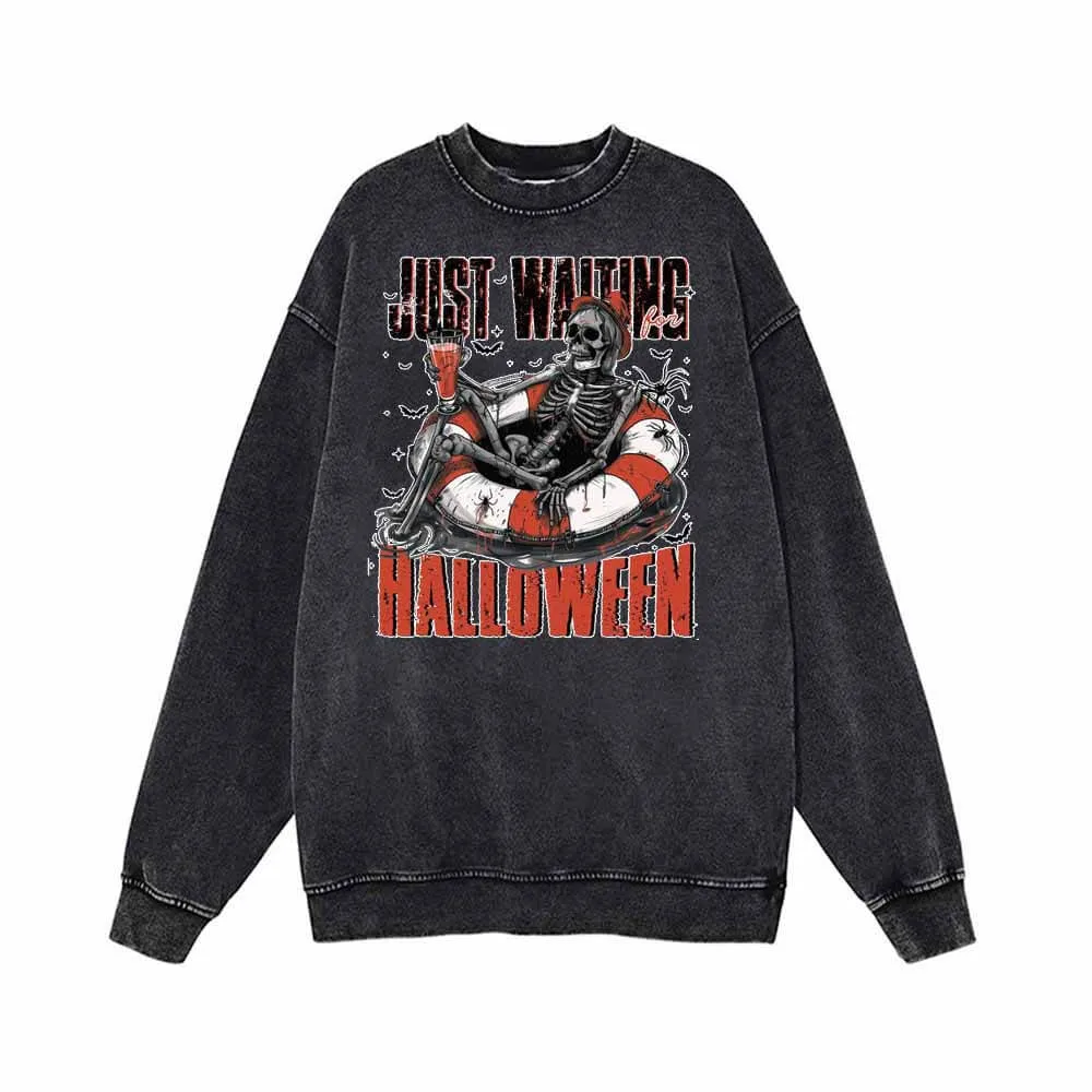 Just Waiting Halloween Vintage Washed Hoodie Sweatshirt