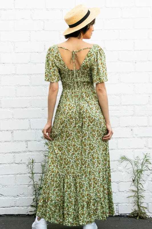 Lt Olive Flutter Sleeve Floral Flowy Maxi Dress