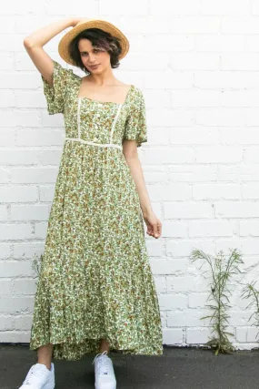 Lt Olive Flutter Sleeve Floral Flowy Maxi Dress