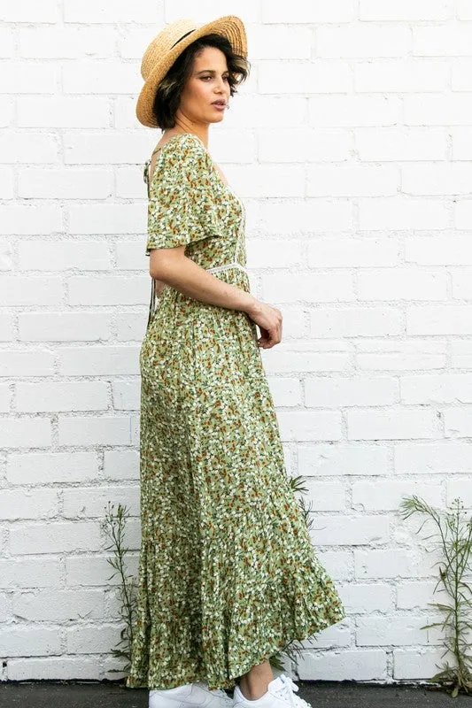 Lt Olive Flutter Sleeve Floral Flowy Maxi Dress