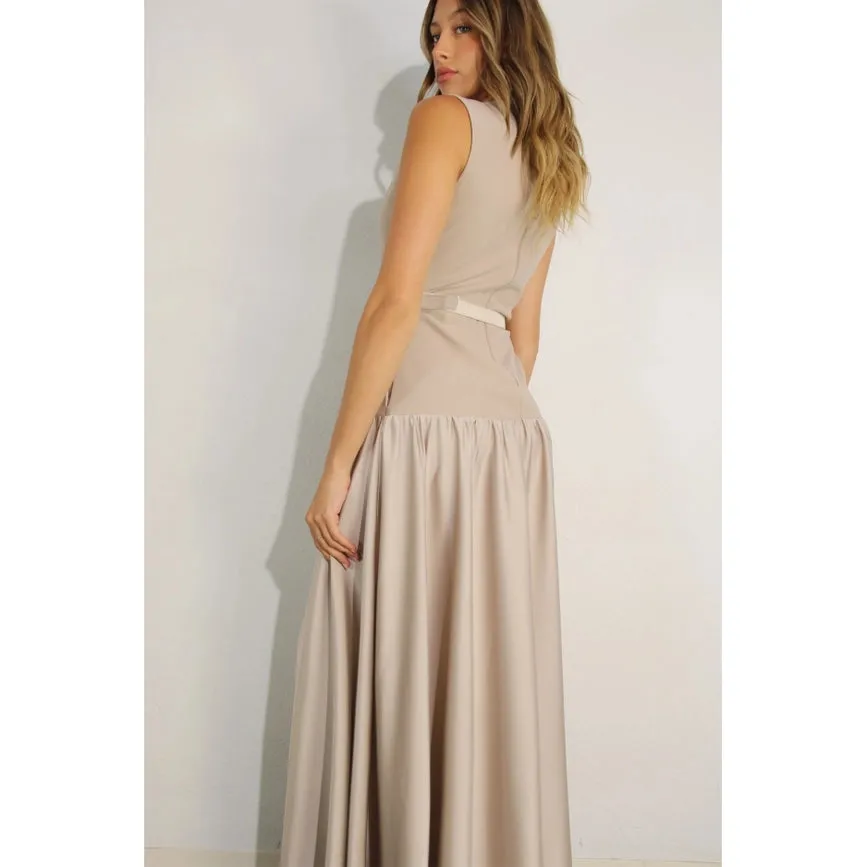 Mixed Fabric Belted Maxi Dress MAUVE BROWN