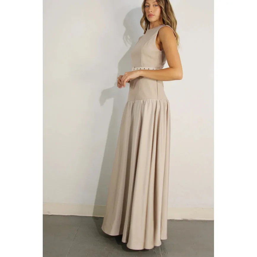 Mixed Fabric Belted Maxi Dress MAUVE BROWN