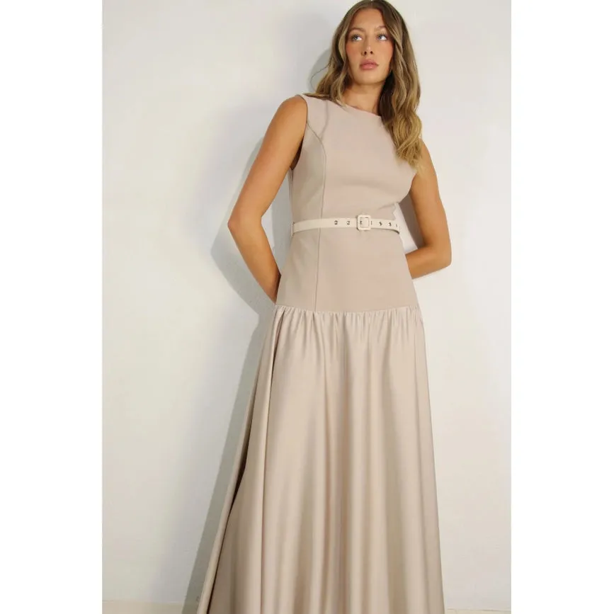 Mixed Fabric Belted Maxi Dress MAUVE BROWN