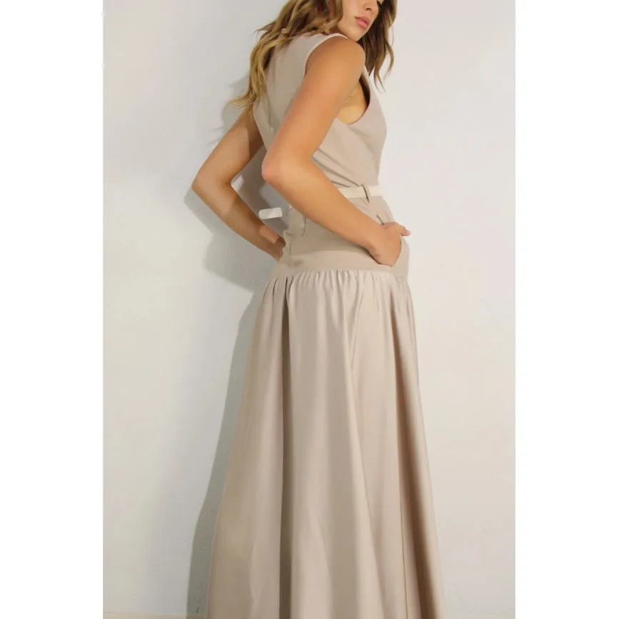 Mixed Fabric Belted Maxi Dress MAUVE BROWN