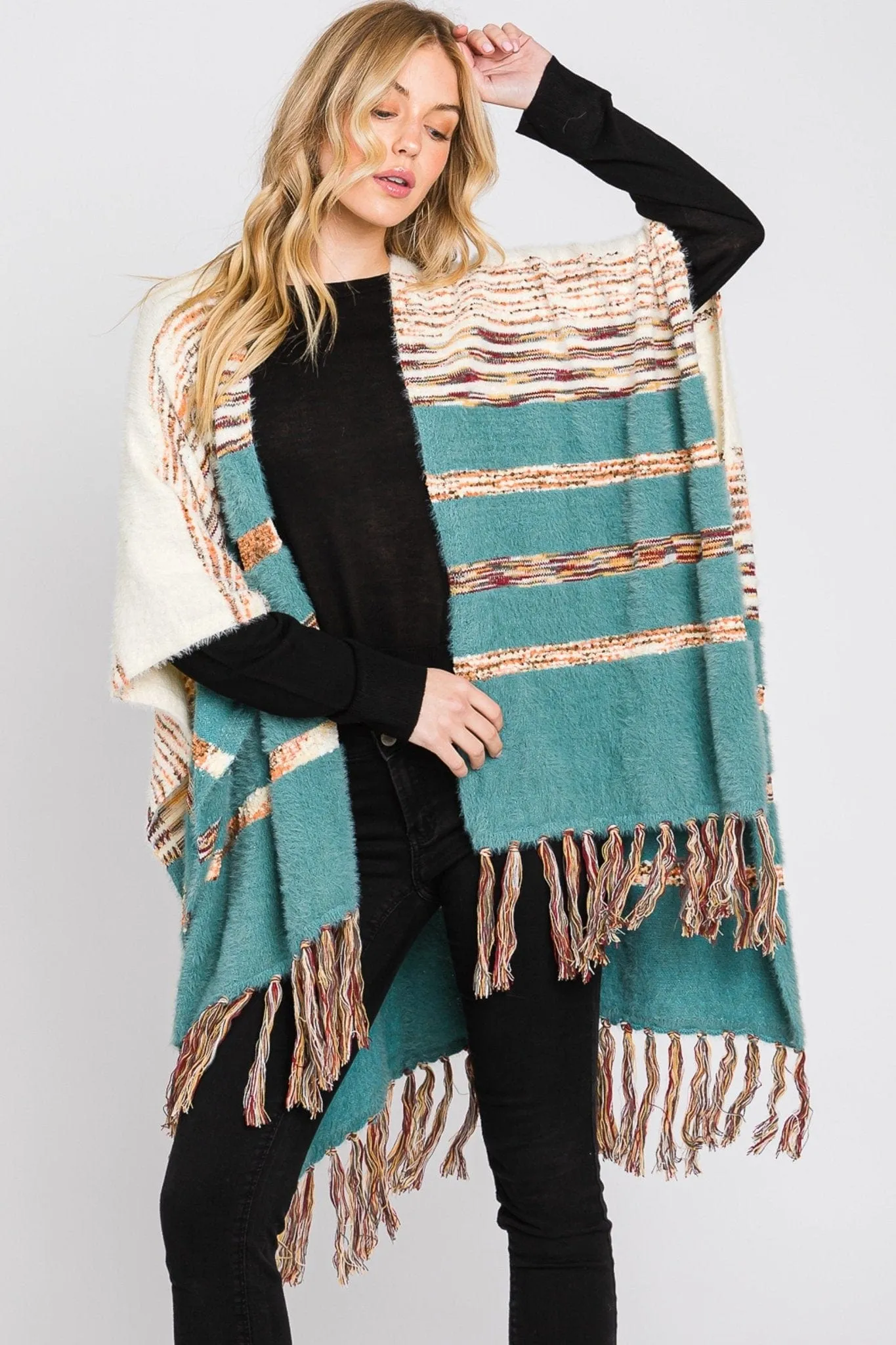 MS0324 Hazel Striped Fringe Ruana