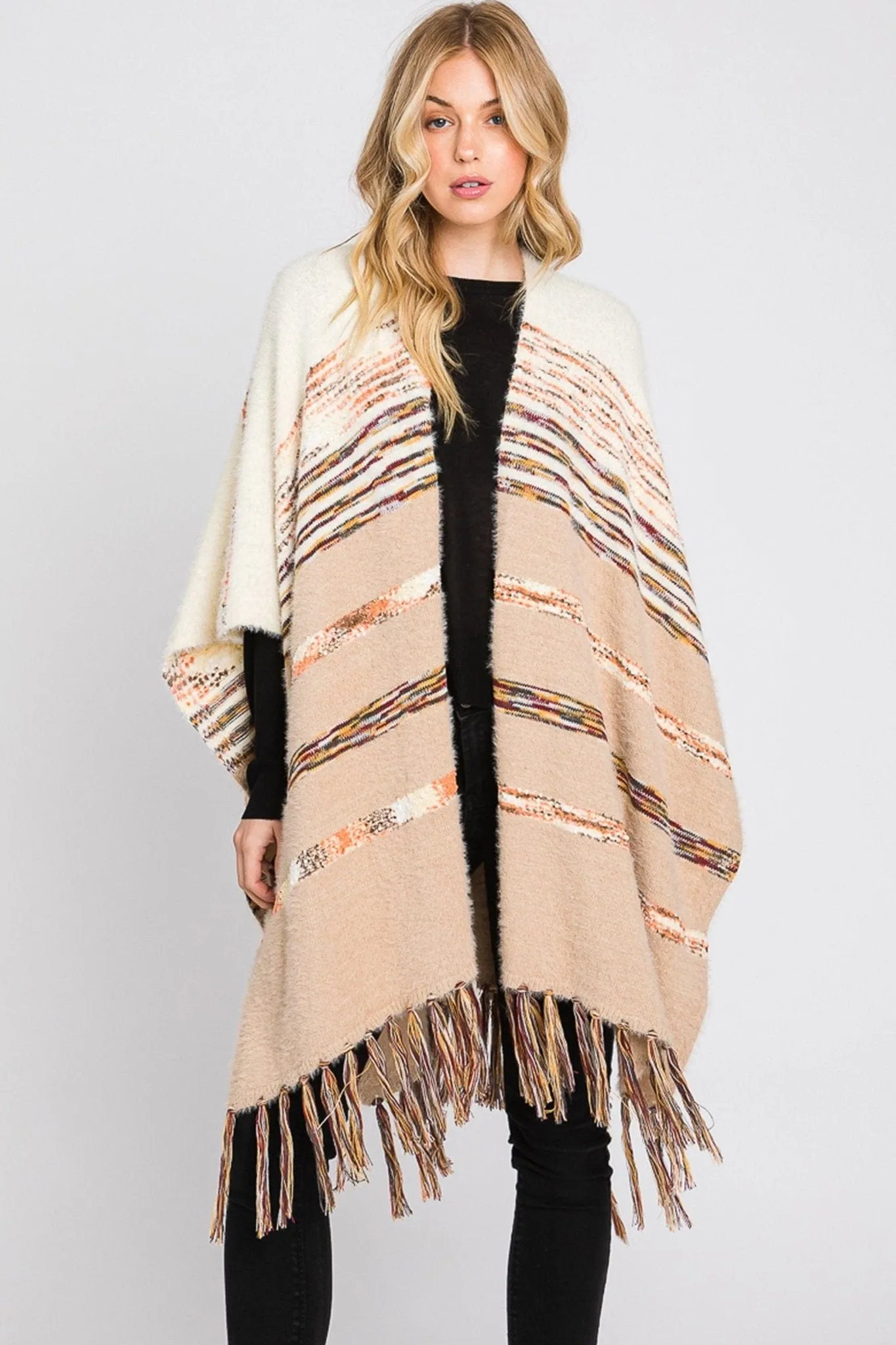 MS0324 Hazel Striped Fringe Ruana