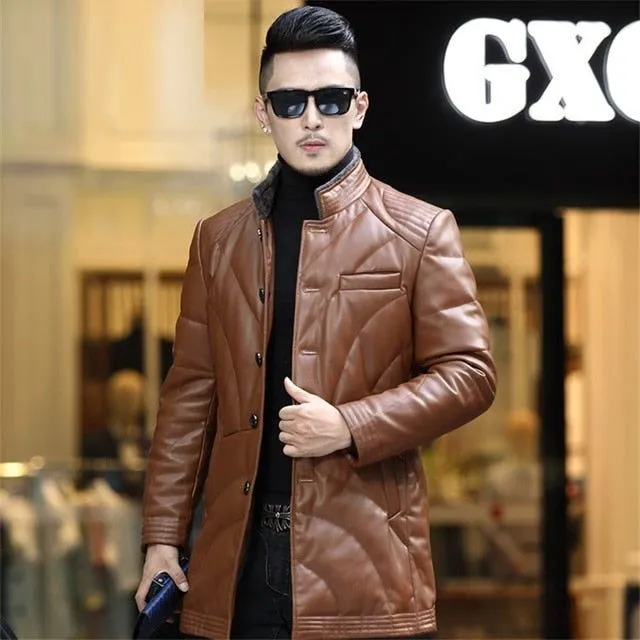 New Fall Winter High Quality Warm 90% White Duck Down Faux Leather Men's Jacket Coat