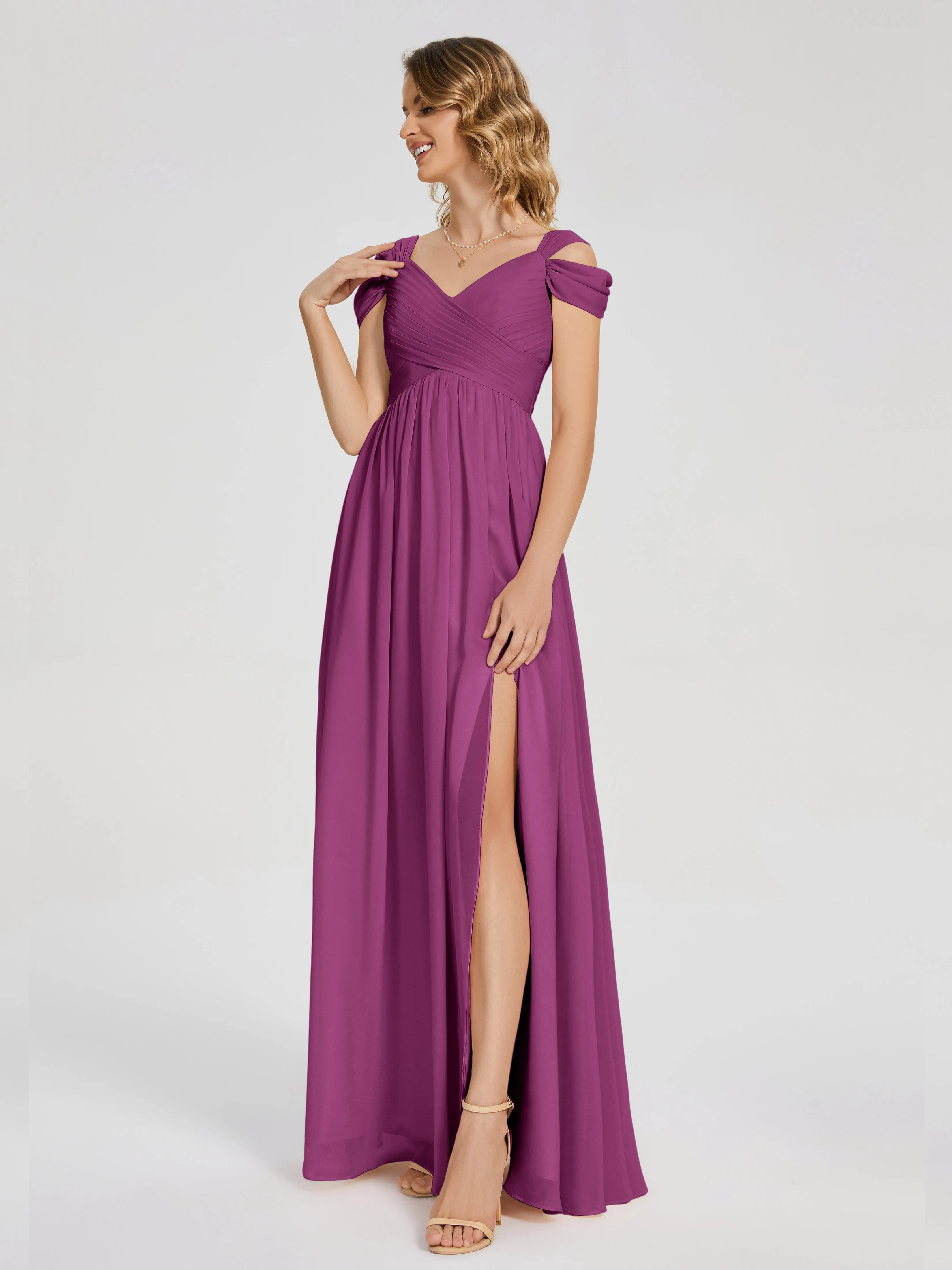 Orchid Purple Bridesmaid Dresses Charlee Flowy Split Chiffon Bridesmaid Dresses