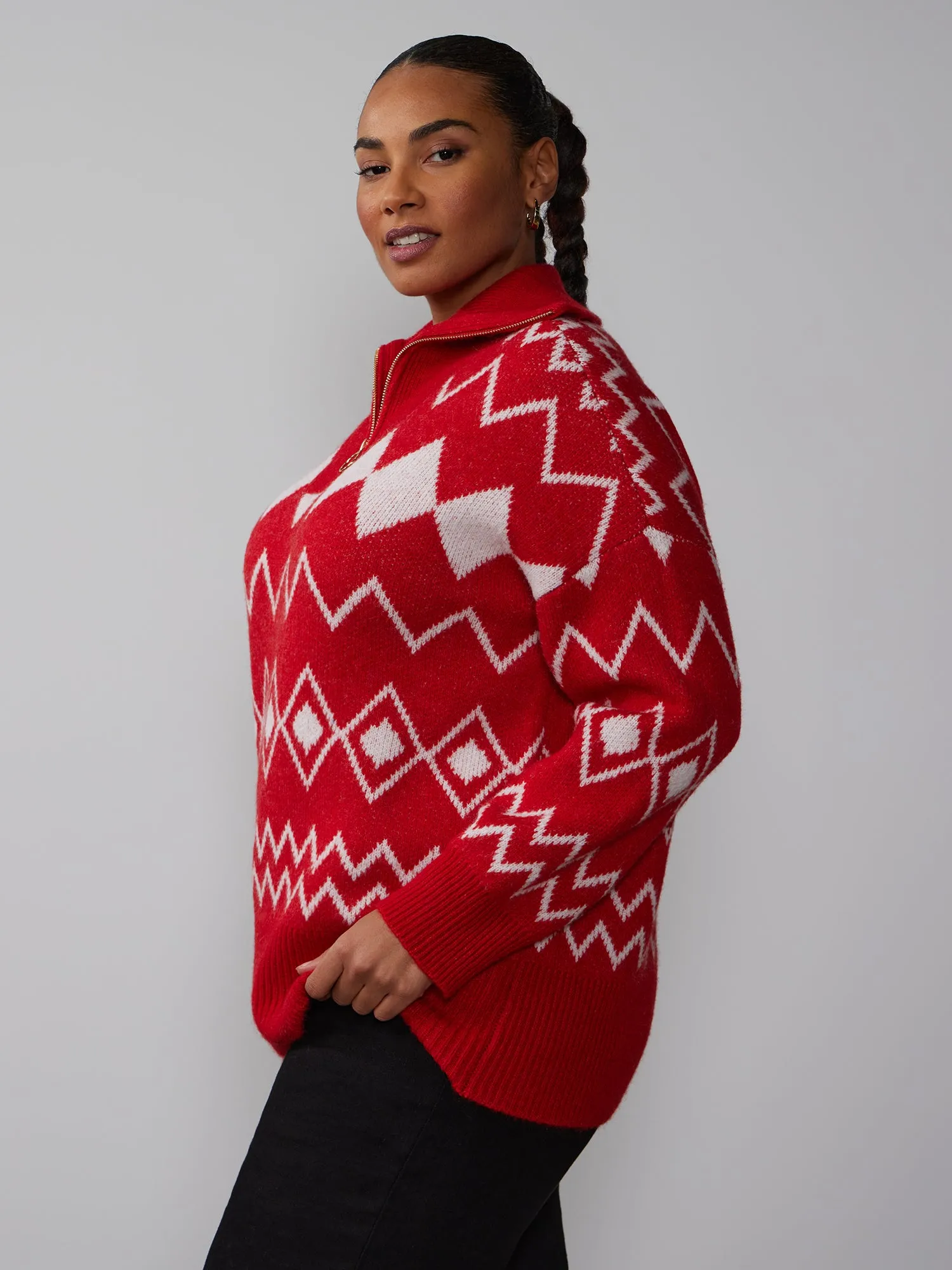 Plus Fair Isle Quarter Zip Sweater