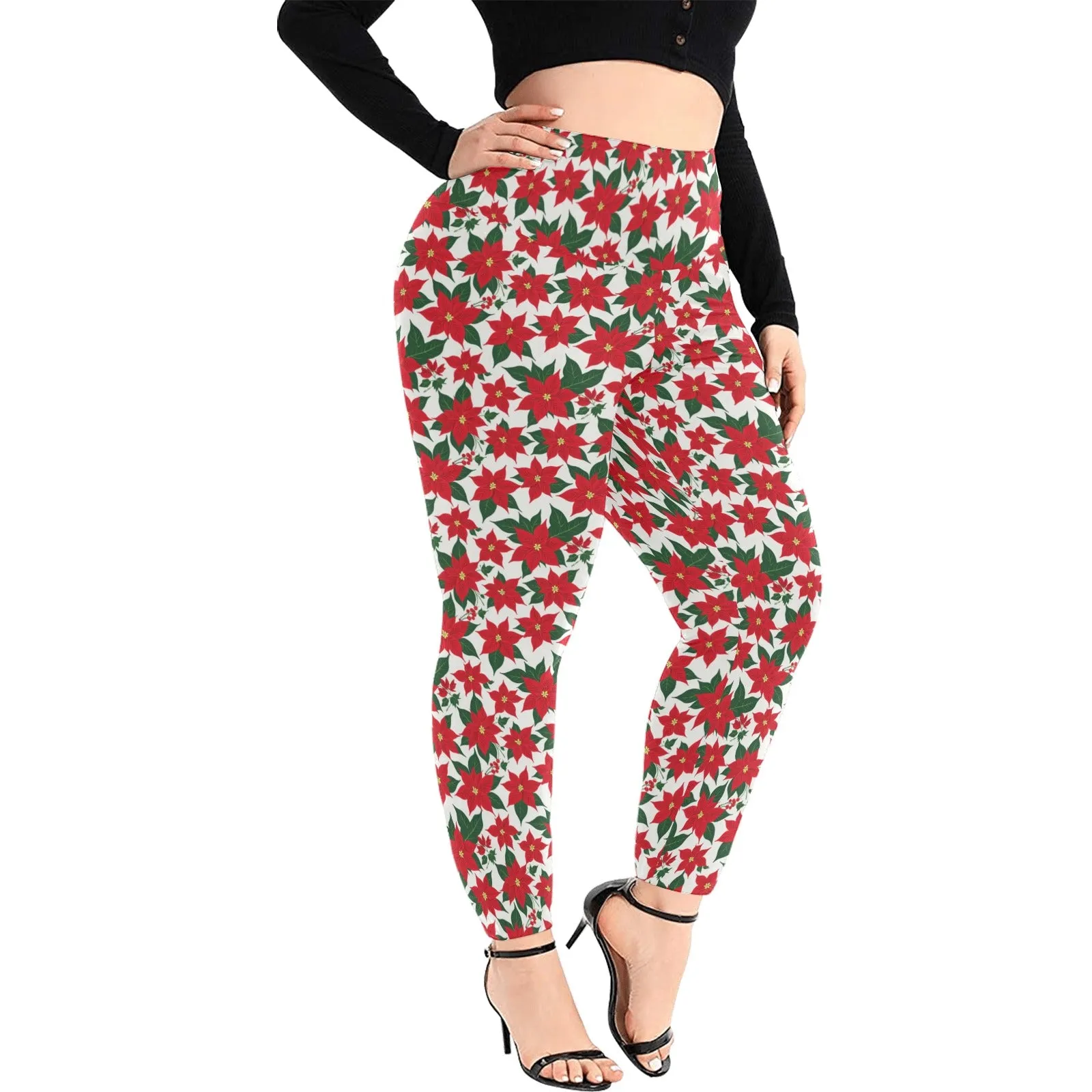 Poinsettia Flora Women's Plus Size High Waited Leggings Women's High Waist Leggings(Plus Size)(ModelL45)