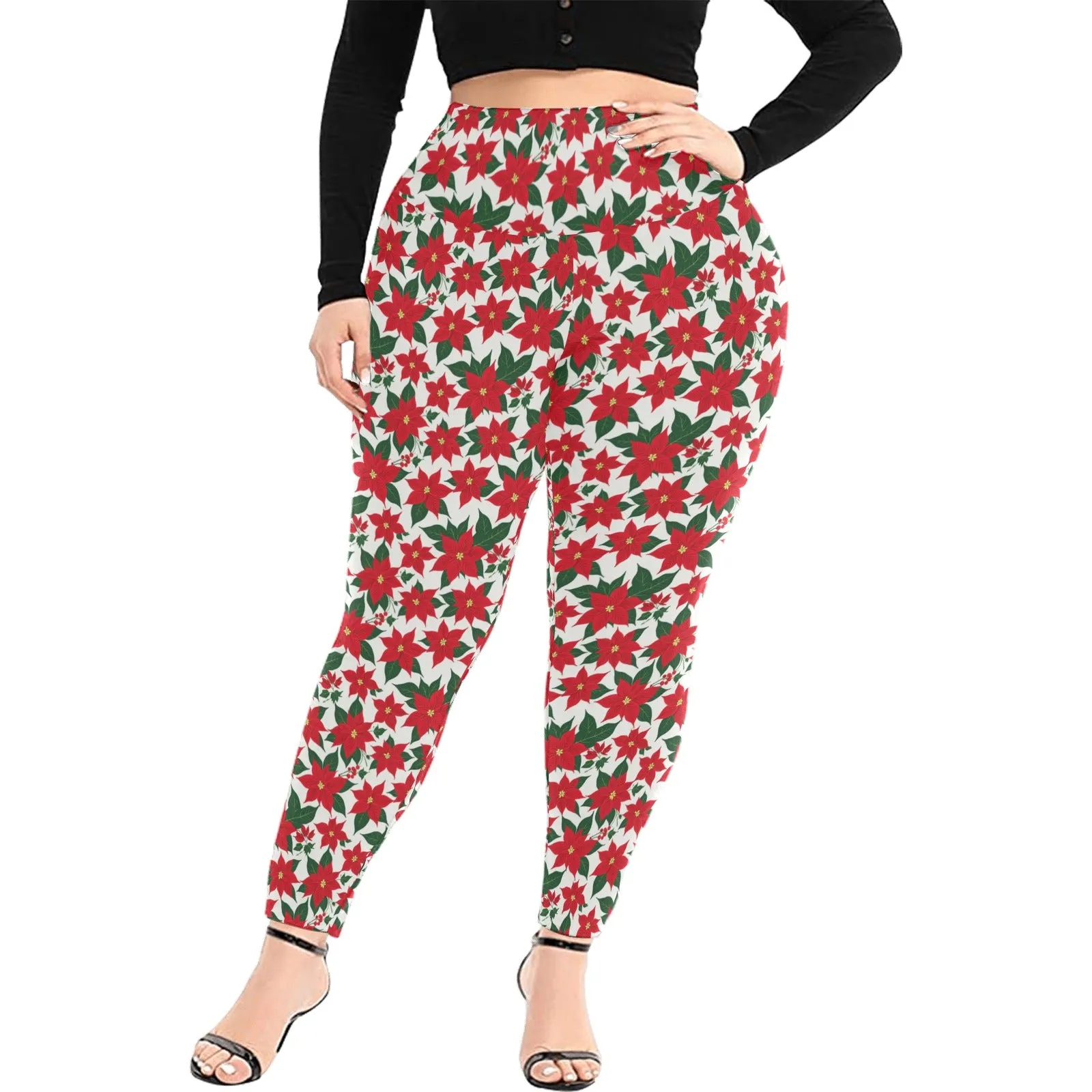 Poinsettia Flora Women's Plus Size High Waited Leggings Women's High Waist Leggings(Plus Size)(ModelL45)