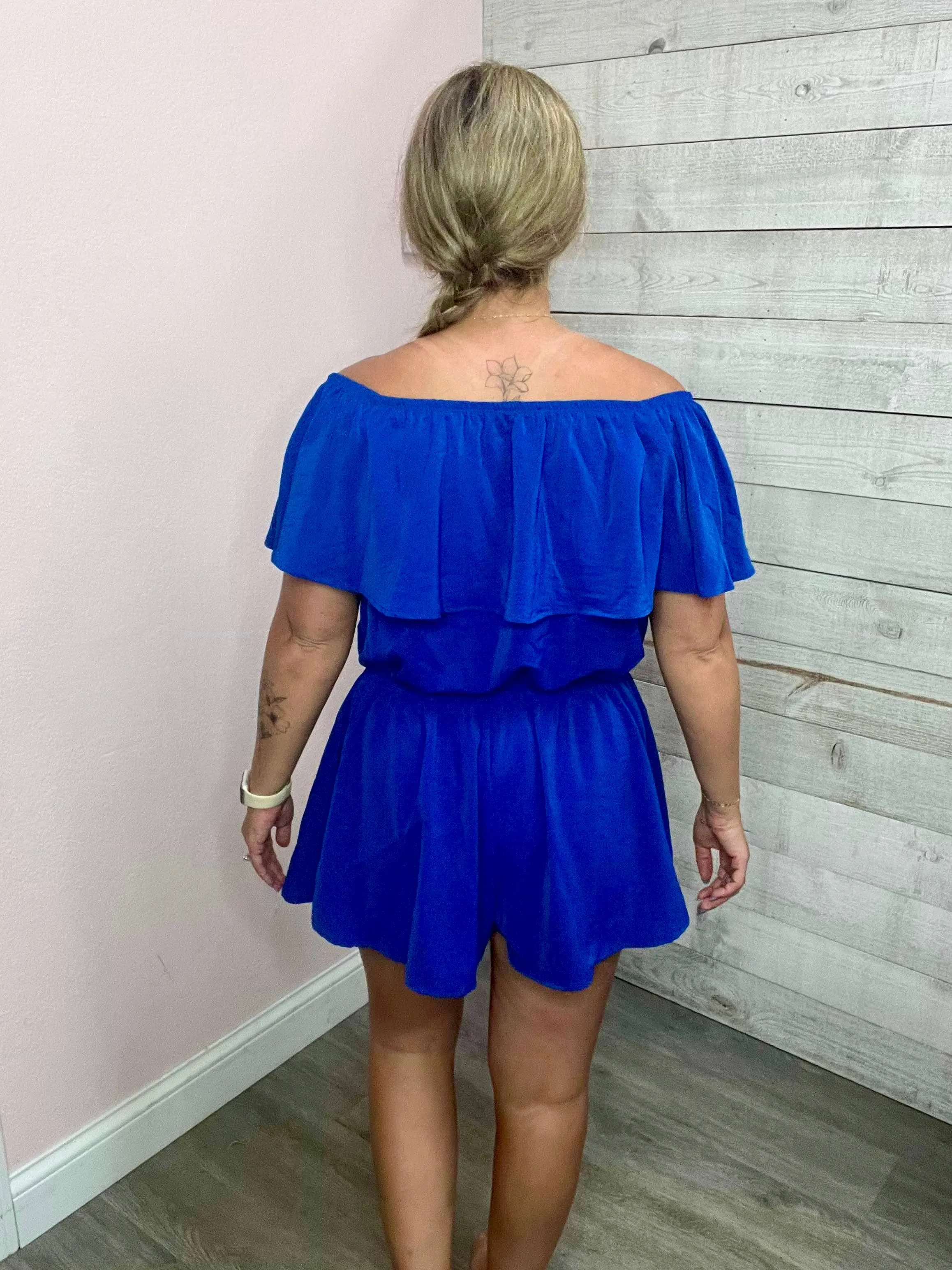 "Something Blue" Off The Shoulder Romper