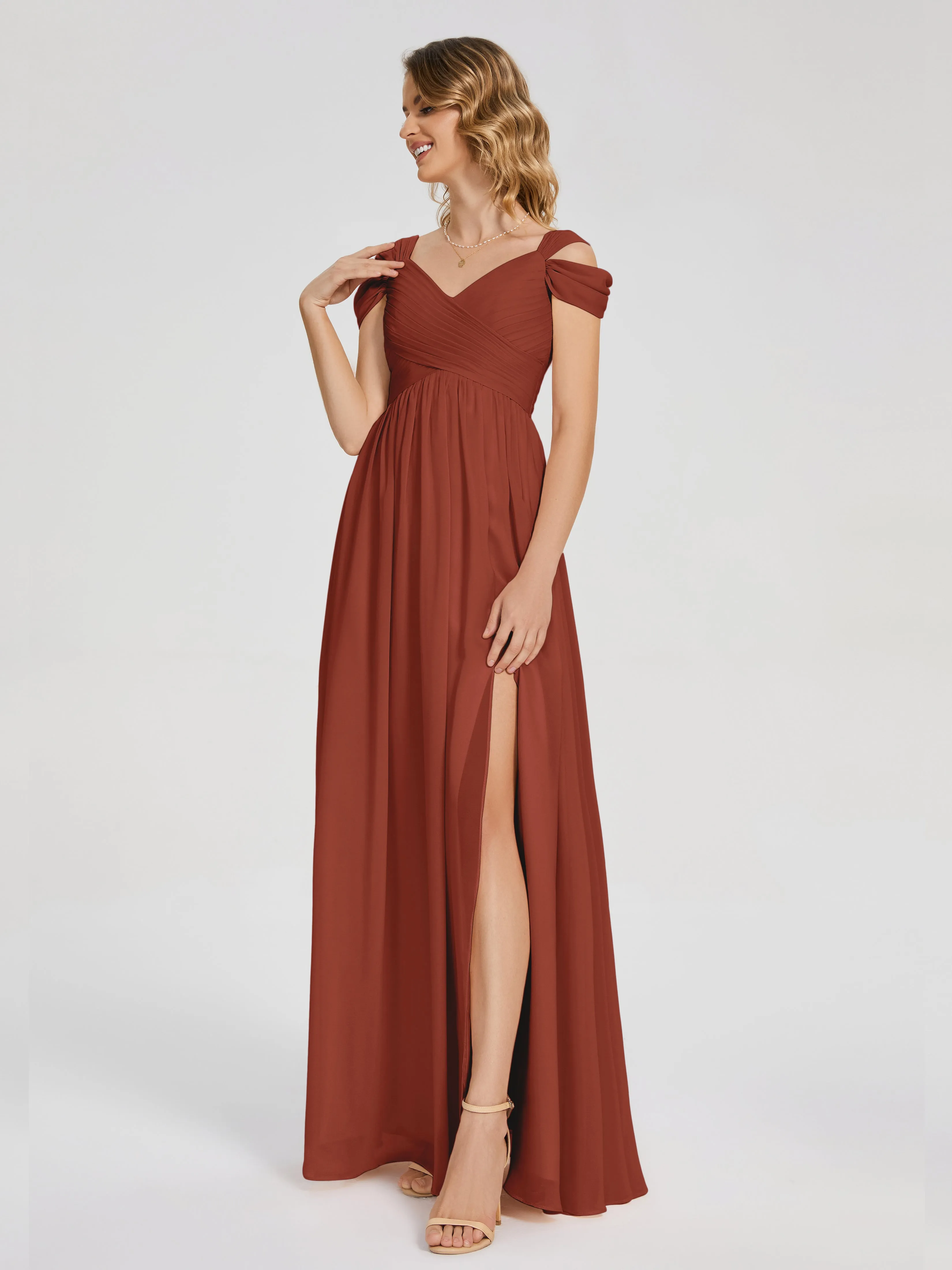 Rust Colour Bridesmaid Dress Charlee Flowy Split Chiffon Bridesmaid Dresses