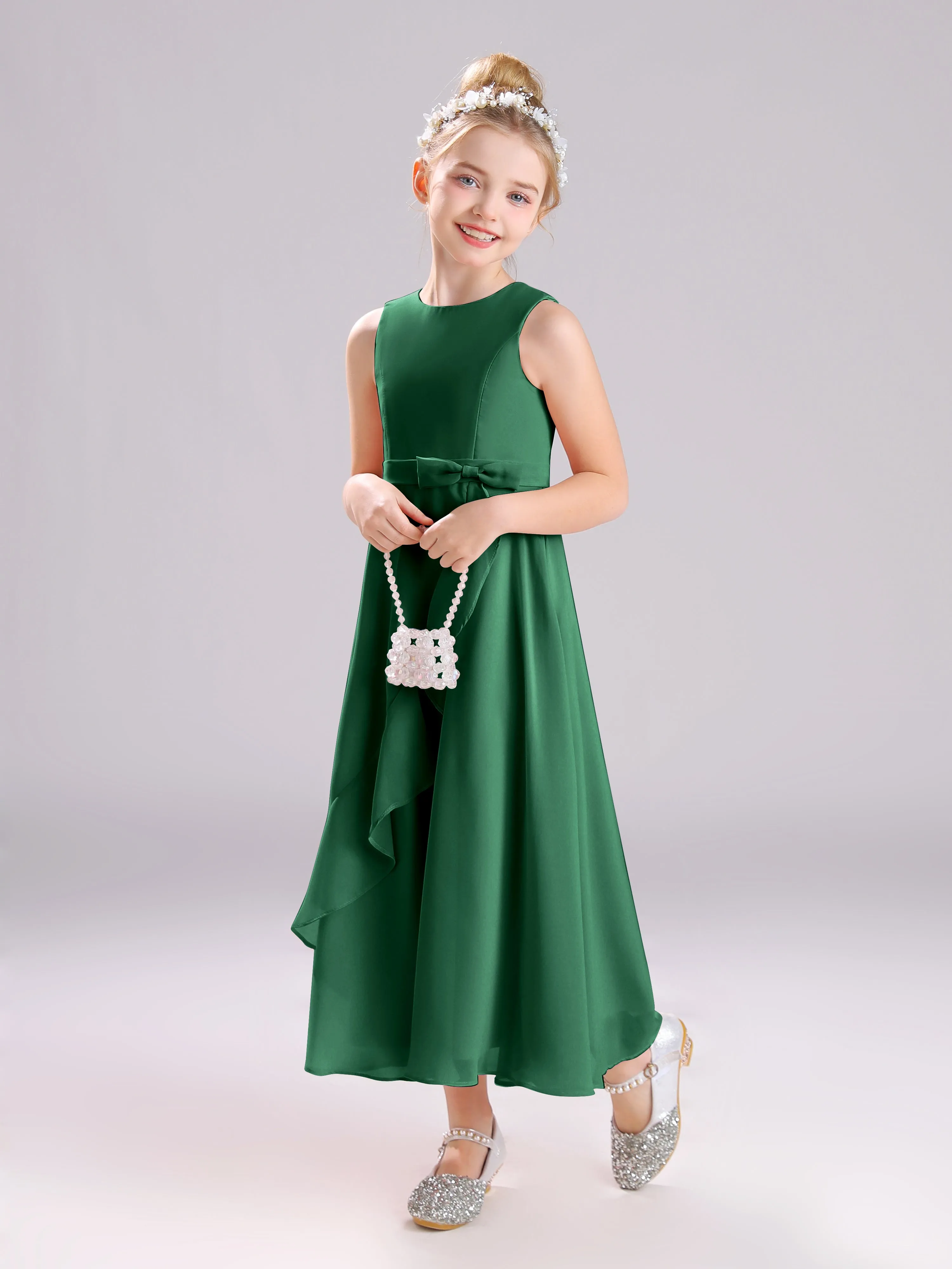 Sleeveless Jewel Long Bowknot Chiffon Junior Bridesmaid Dresses