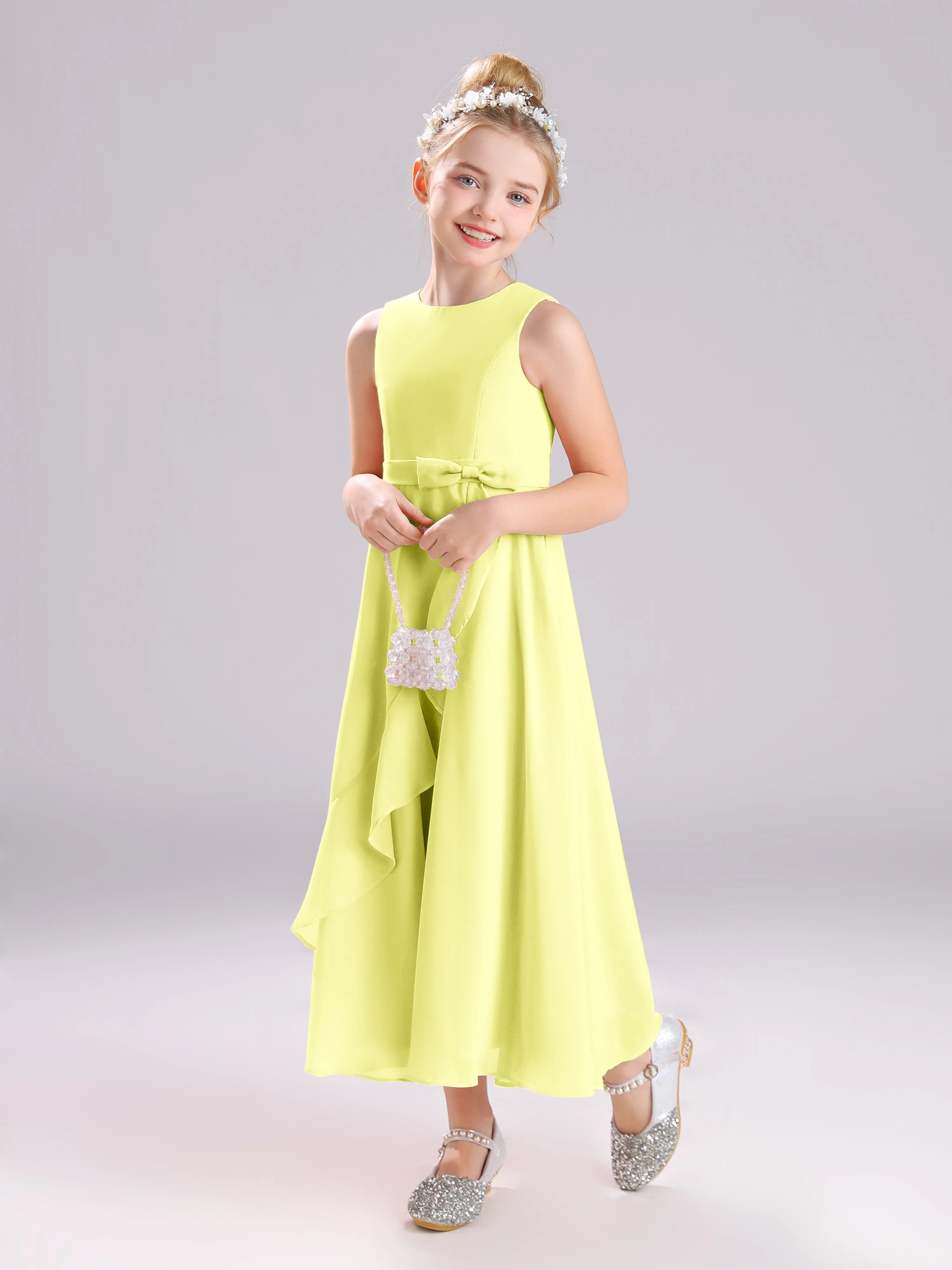 Sleeveless Jewel Long Bowknot Chiffon Junior Bridesmaid Dresses