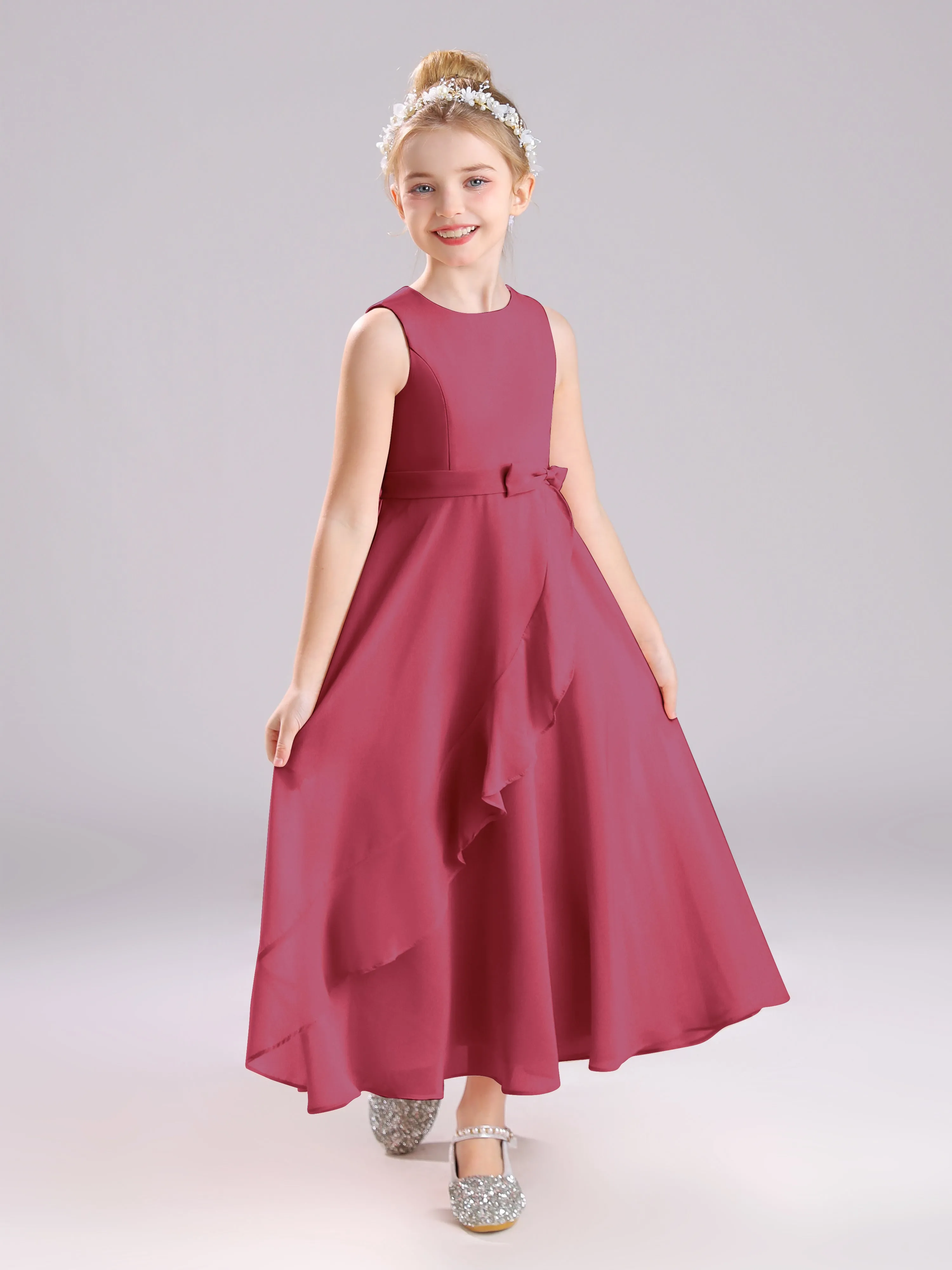 Sleeveless Jewel Long Bowknot Chiffon Junior Bridesmaid Dresses